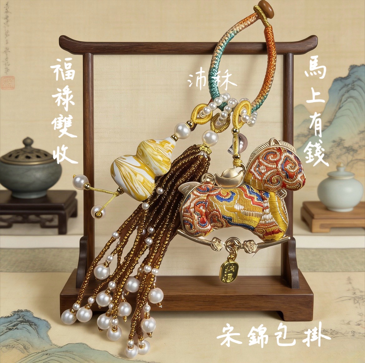 馬年掛飾 包掛 掛件｜雙面宋錦小馬 馬上有錢＋大漆葫蘆 流蘇｜招財納福 隨身掛飾 禮物🍀現貨18小時內發貨🍀