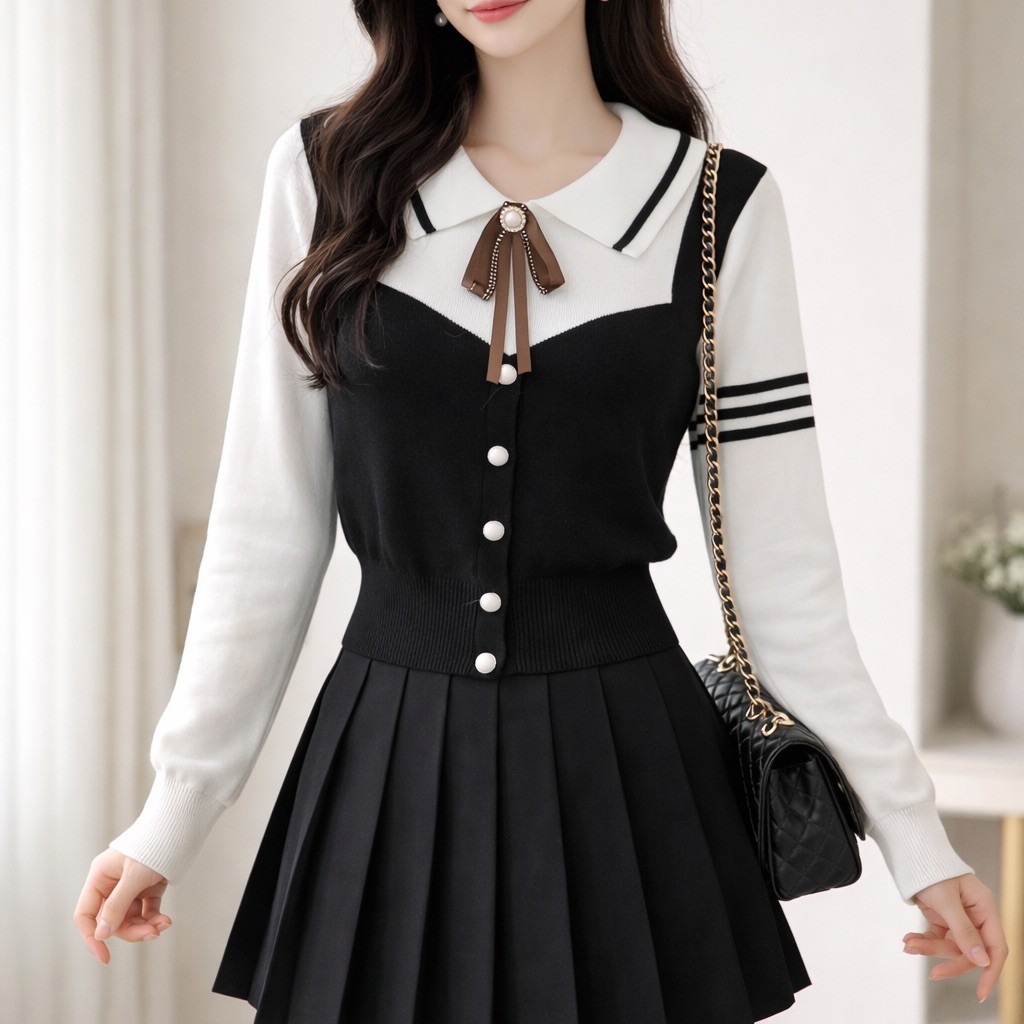 韓系學院風 翻領蝴蝶結珍珠扣假兩件針織上衣 白、杏