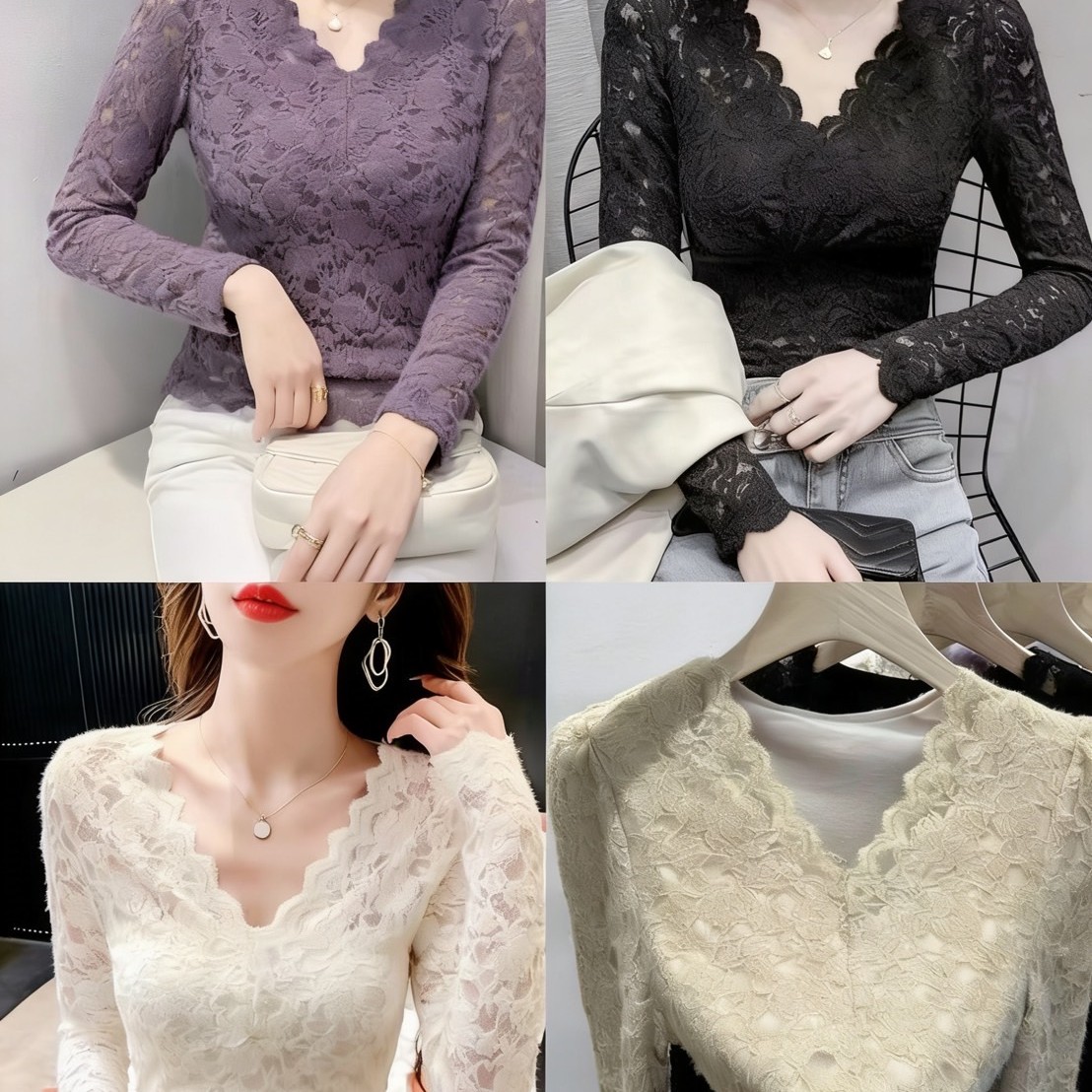 韓系溫柔風 復古蕾絲花邊V領修身內襯上衣 白、紫、黑
