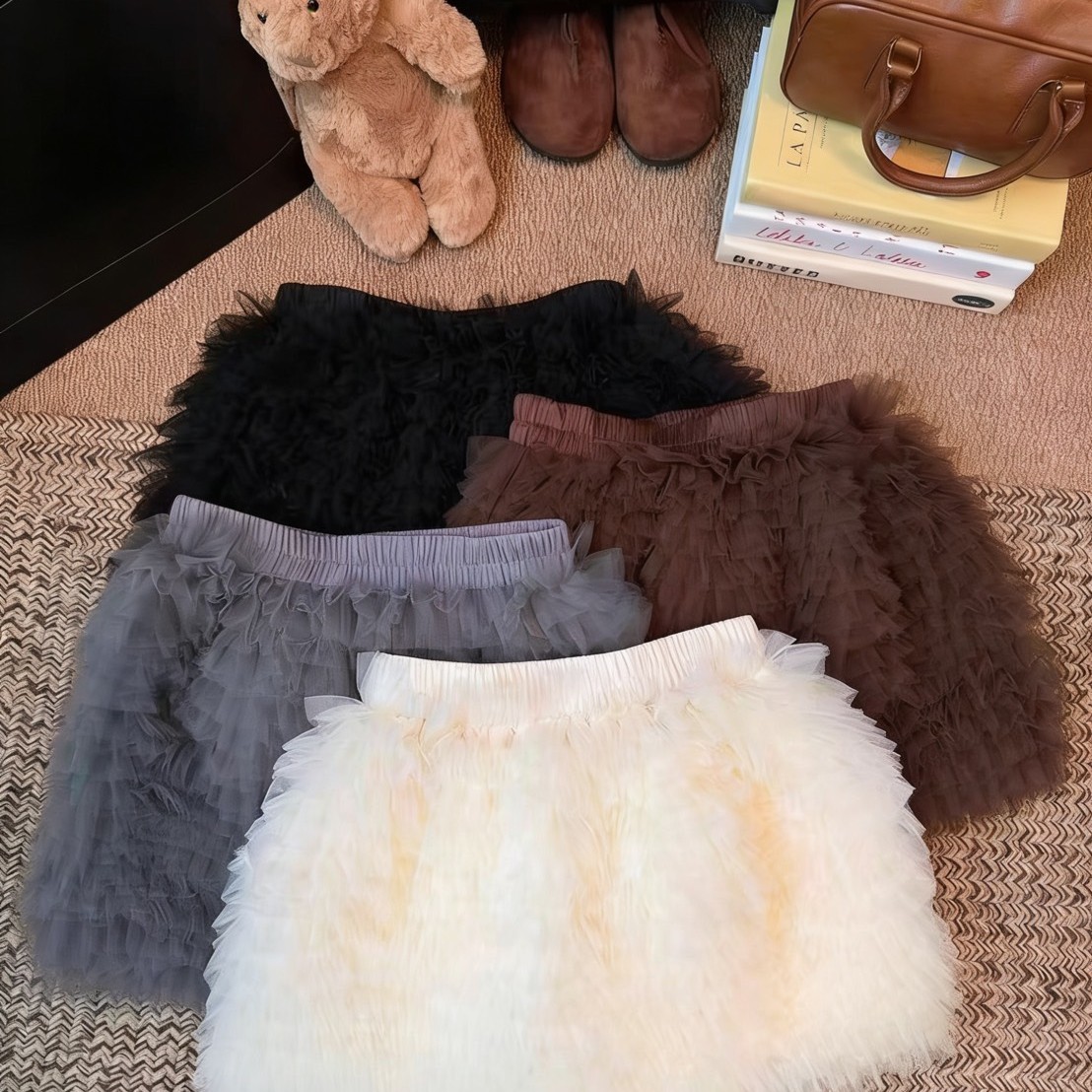 韓系甜美風 蓬鬆網紗多層高腰百搭半身裙 咖、杏、白、黑 