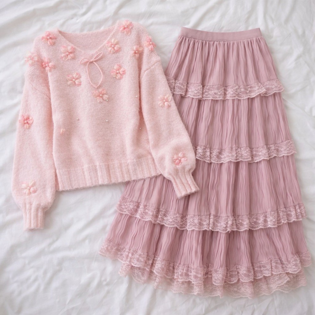 韓系仙系風 多層次蕾絲蛋糕長裙 黑、白、杏、藍、粉