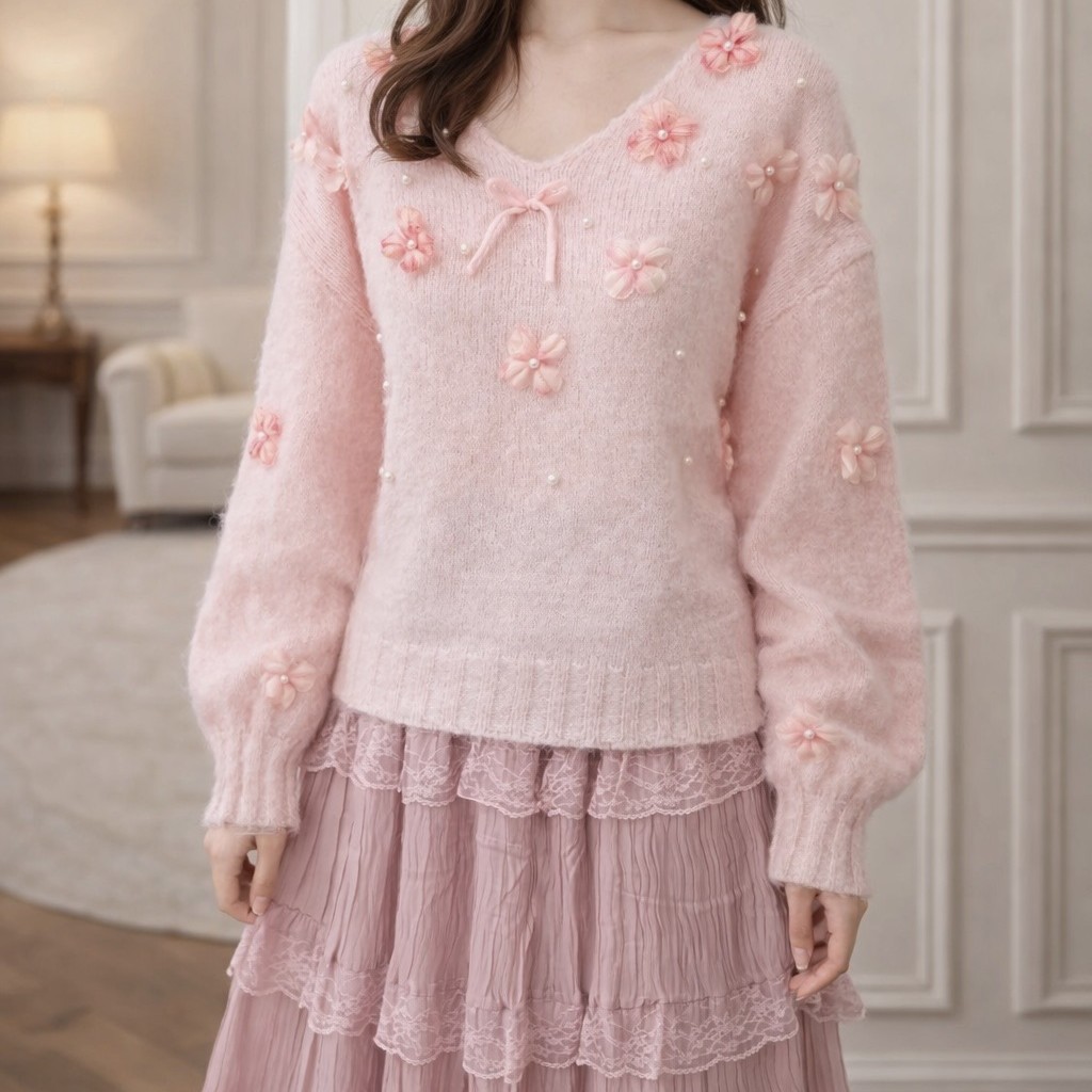 韓系甜美風 重工V領蝴蝶結立體花朵釘珠長袖毛衣 白、粉、藍