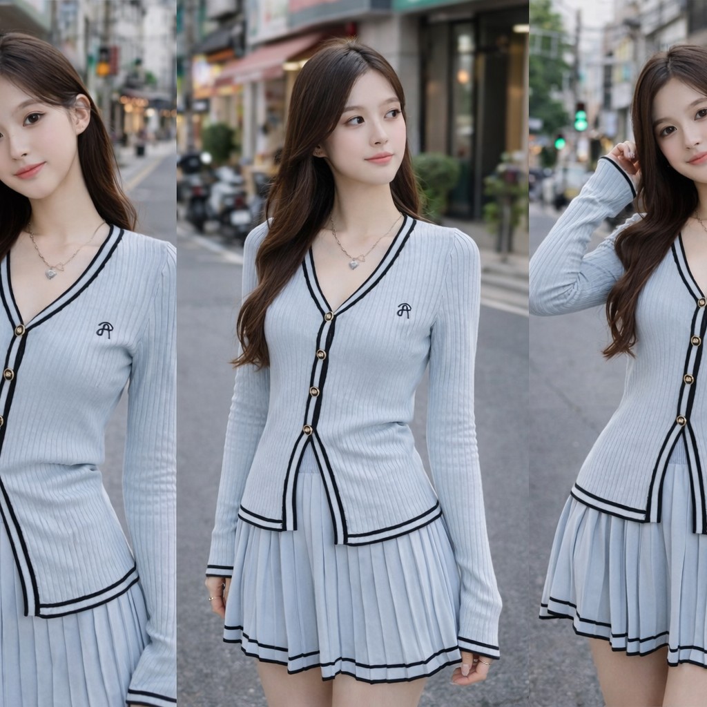 韓系名媛風  v領設計感修身針織開衫上衣 高腰針織百褶短裙（兩件套）灰、藍