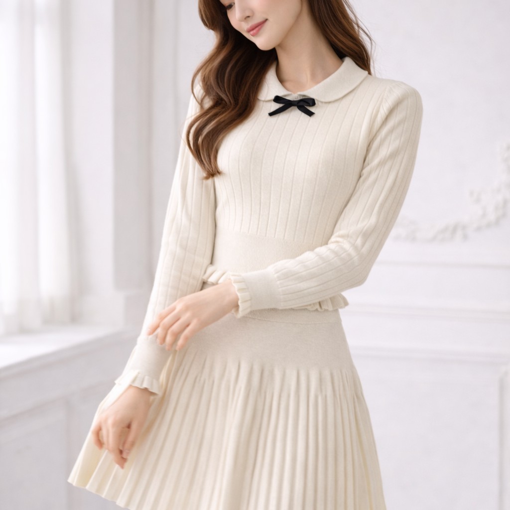 韓系溫柔風 娃娃領木耳邊收腰針織上衣 百褶A字針織短裙（兩件套）卡其、灰、黑、白 