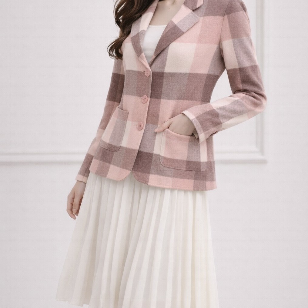 韓系溫柔風 粉棕格紋短款毛呢大衣