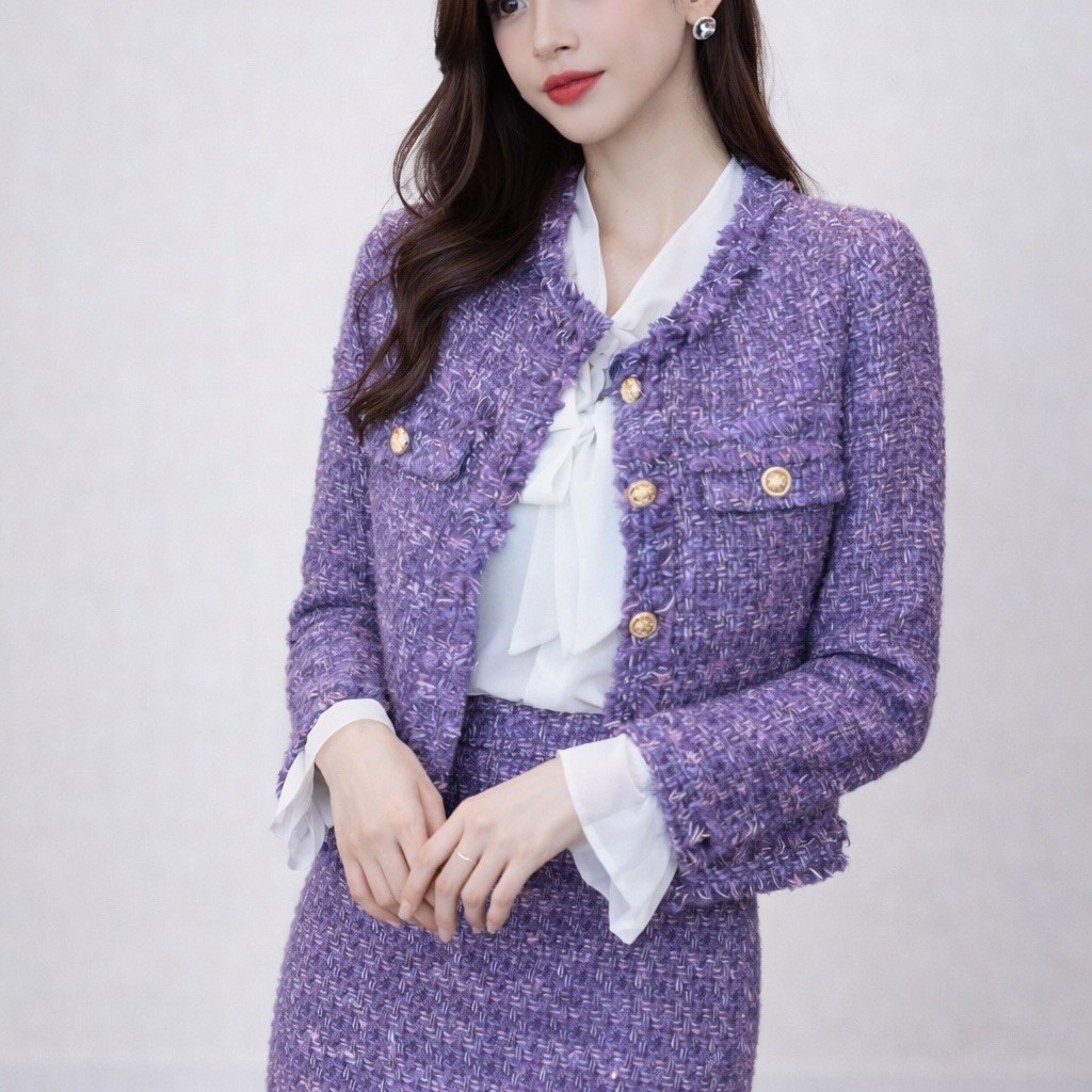 韓系小香風 粗毛呢肌理感金屬扣短款外套 高腰A字裙（兩件套）