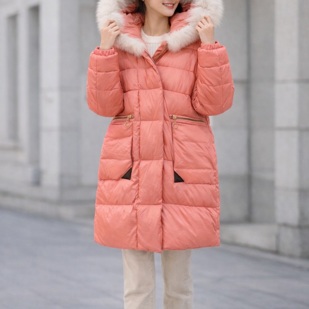 韓系甜美風 絨毛領亮面寬鬆羽絨服