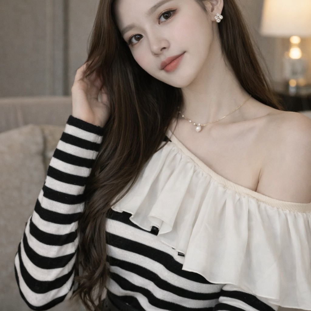 韓系甜辣風 荷葉邊斜肩黑白條紋長袖上衣