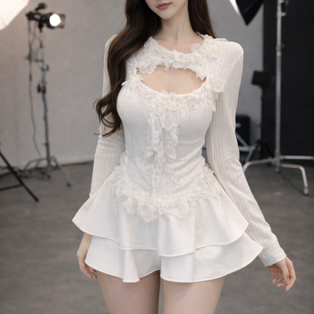 韓系純慾風 重工胸口鏤空蕾絲花邊上衣