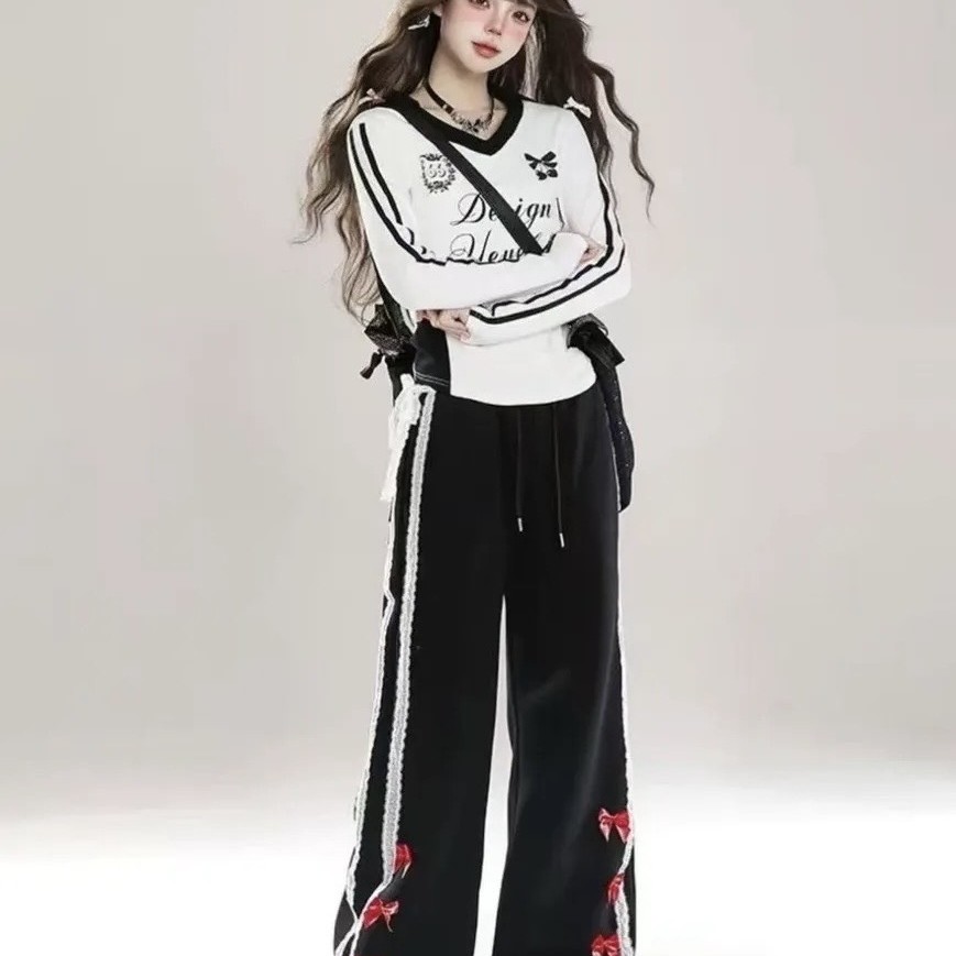 韓系休閒風 側蕾絲邊蝴蝶結抽繩闊腿長褲