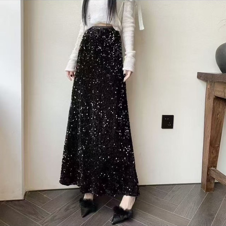 韓系辣妹風 垂感絨面亮片魚尾半身長裙