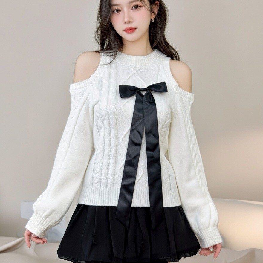 韓系甜辣風 絲帶蝴蝶結露肩針織毛衣