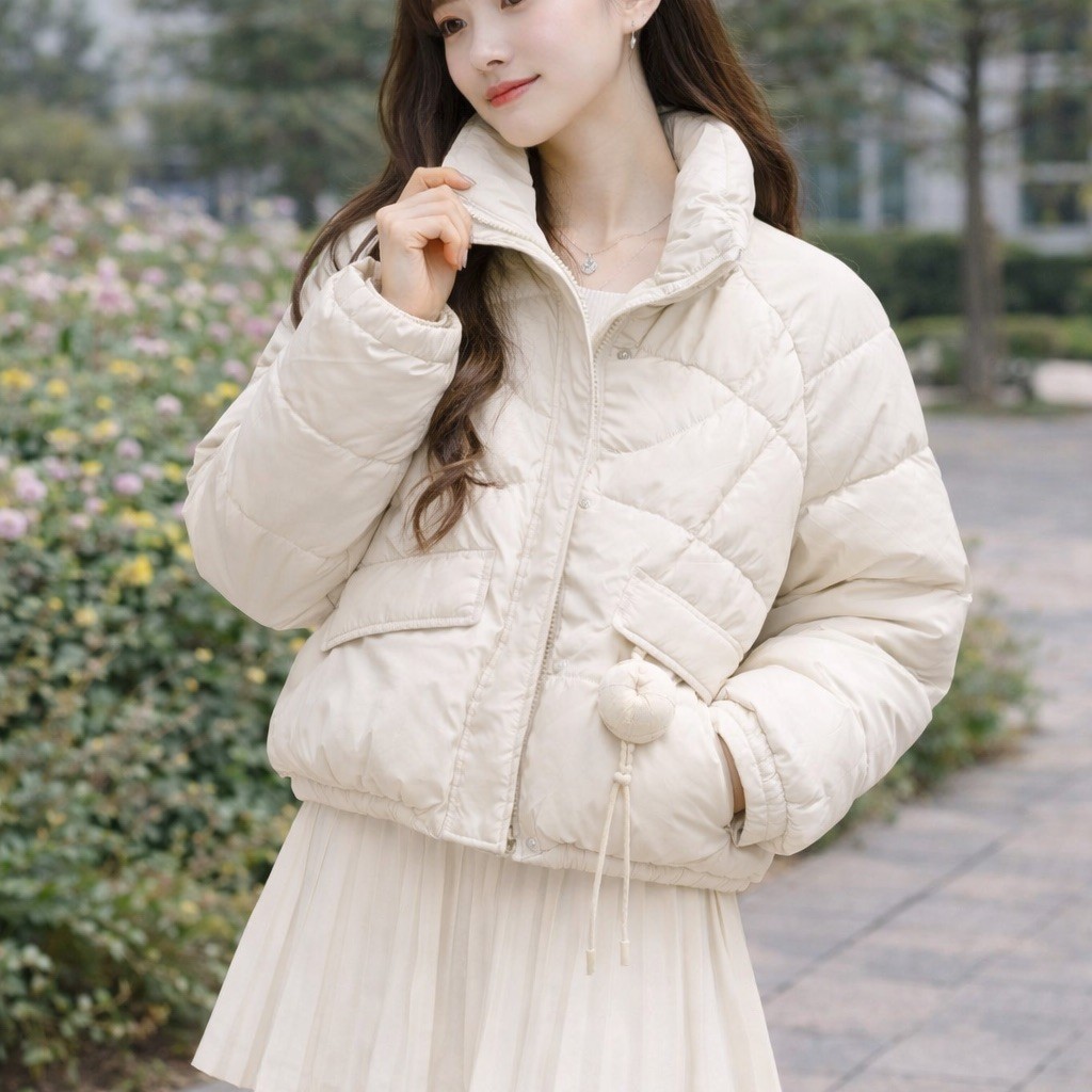 韓系溫柔風 菱格紋立領短款羽絨服上衣 粉、淺灰、深灰