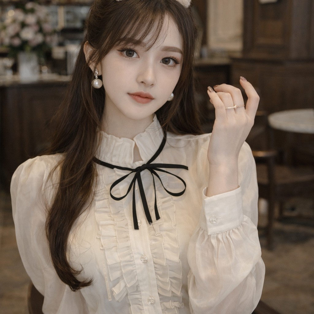 法式宮廷風 輕紗荷葉邊復古蕾絲上衣 白、杏