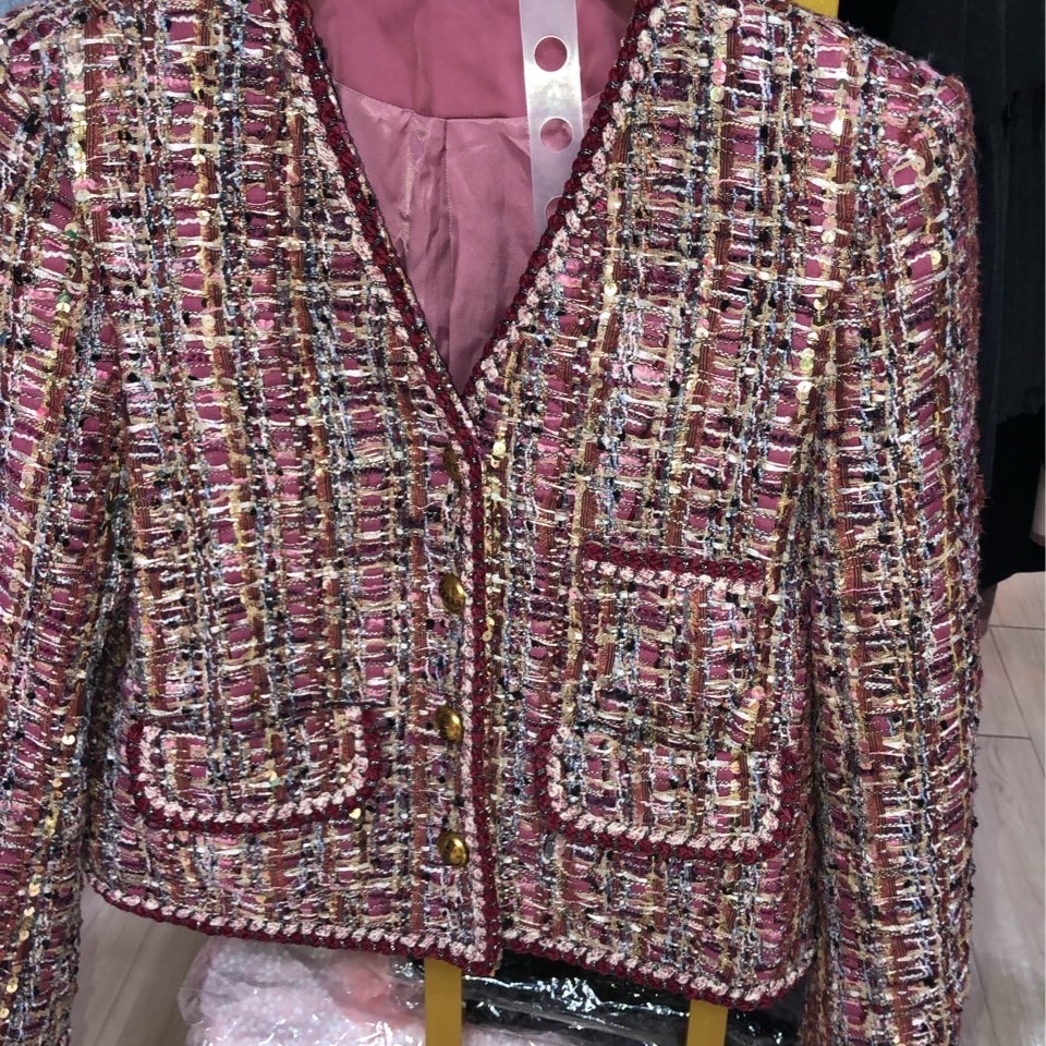 韓系名媛風 玫紅雜線粗毛呢V領短款外套