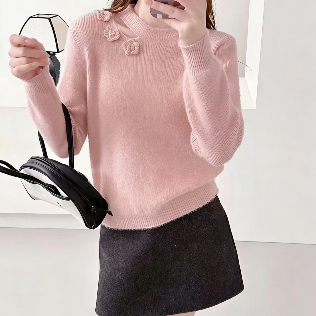 韓系溫柔風 鏤空立體花朵珍珠仿貂毛針織上衣 粉、白、綠、藍、玫紅