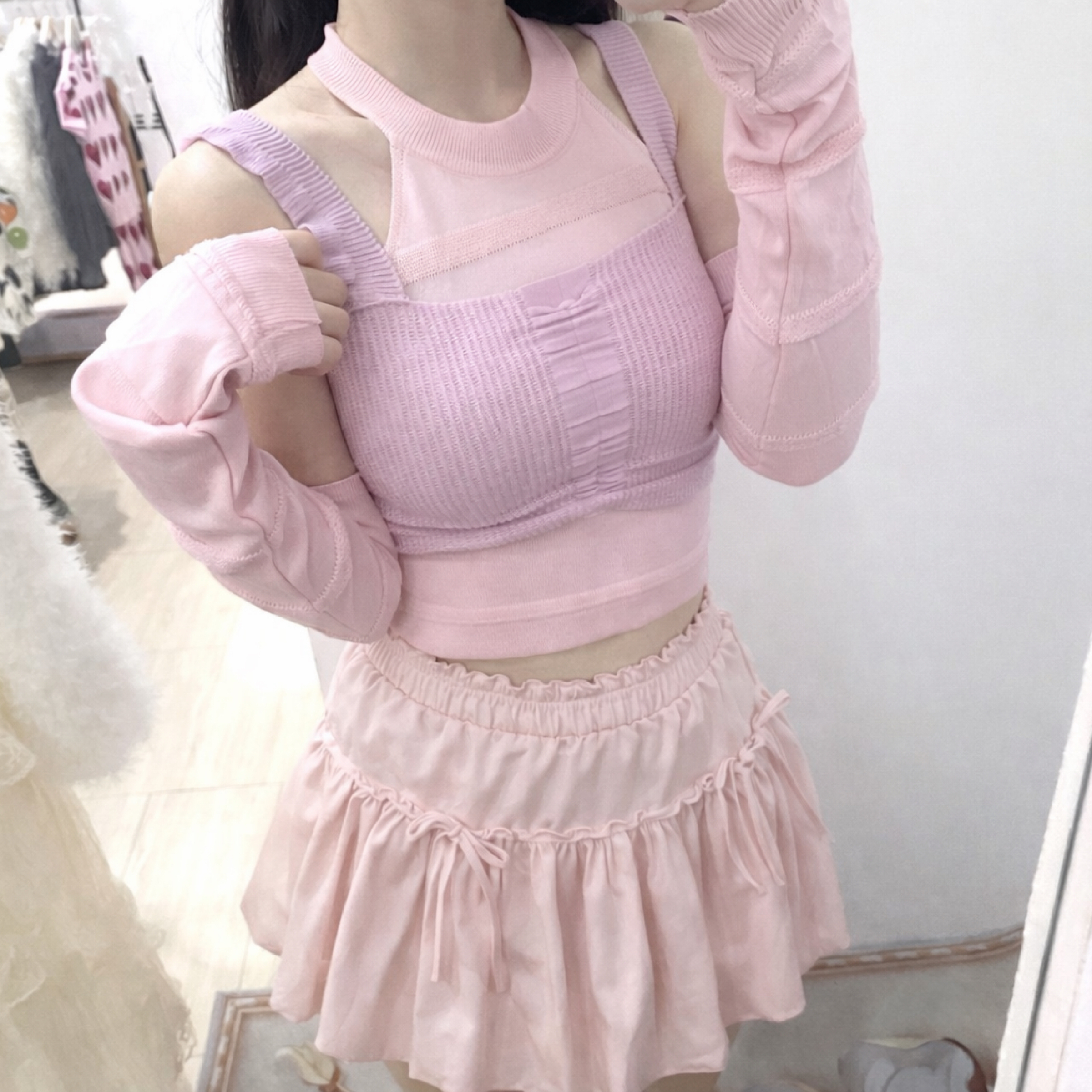 韓系辣妹風 可拆袖掛脖針織褶皺抹胸設計感兩件套