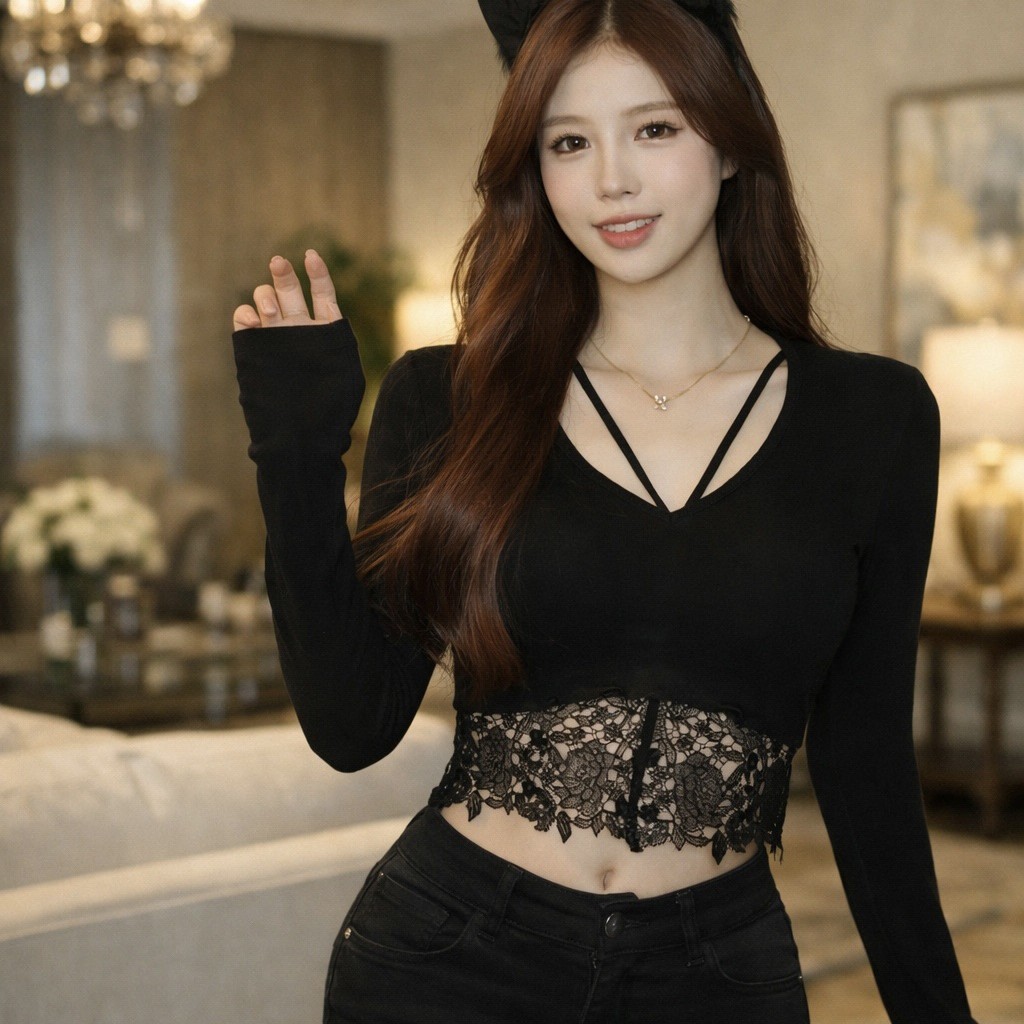 韓系辣妹風 V領交叉帶蕾絲拼接長袖上衣