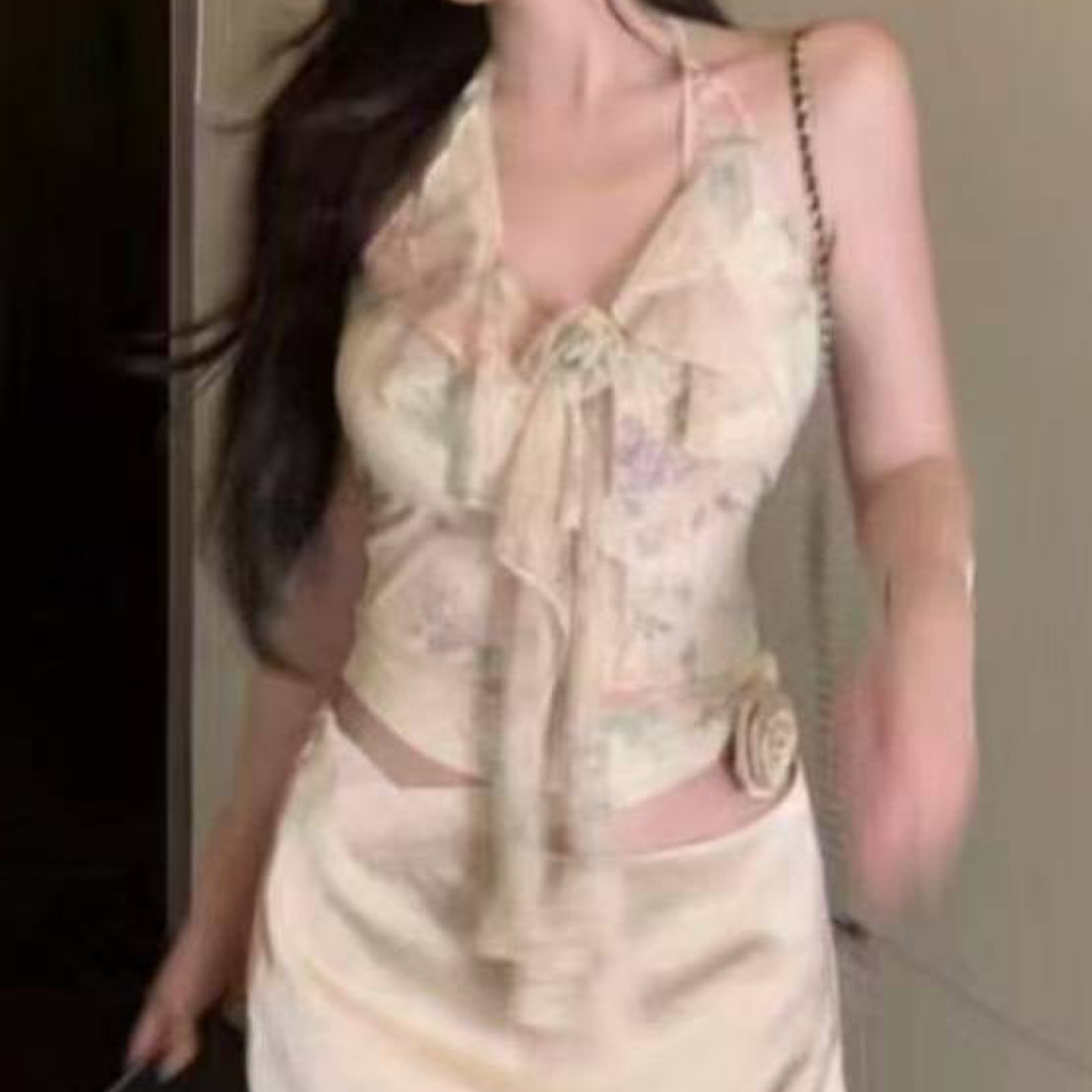 法式復古風 蕾絲印花辣妹掛脖吊帶上衣