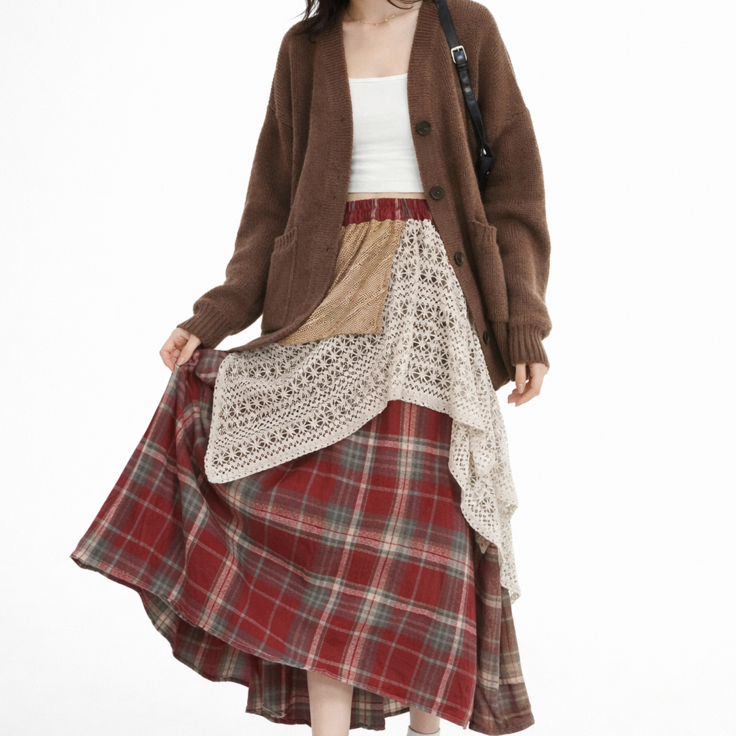 美式廢土風 復古勾花罩紗不規則格紋長裙