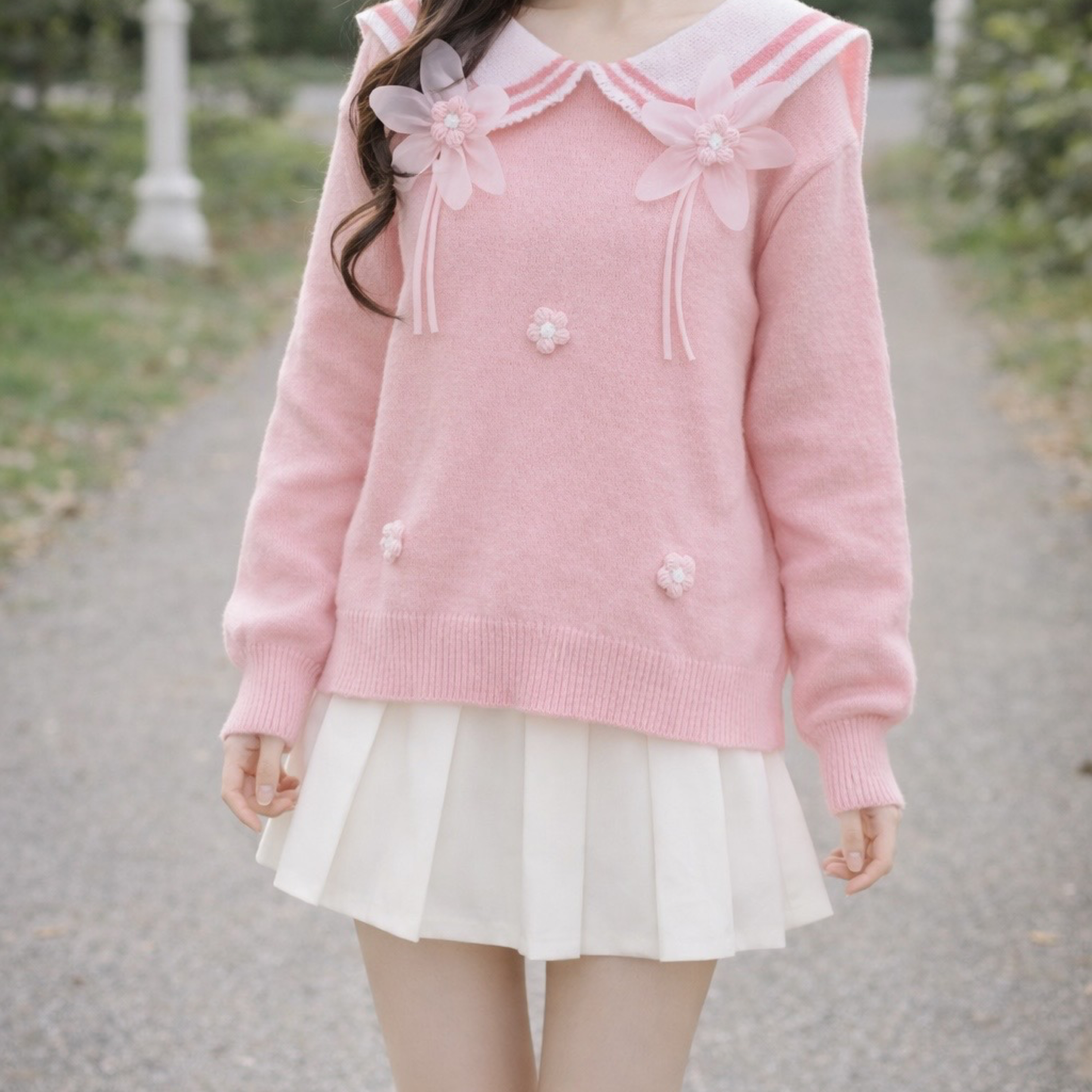 韓系元氣風 元氣海軍領蝴蝶結珠花針織上衣 白、粉