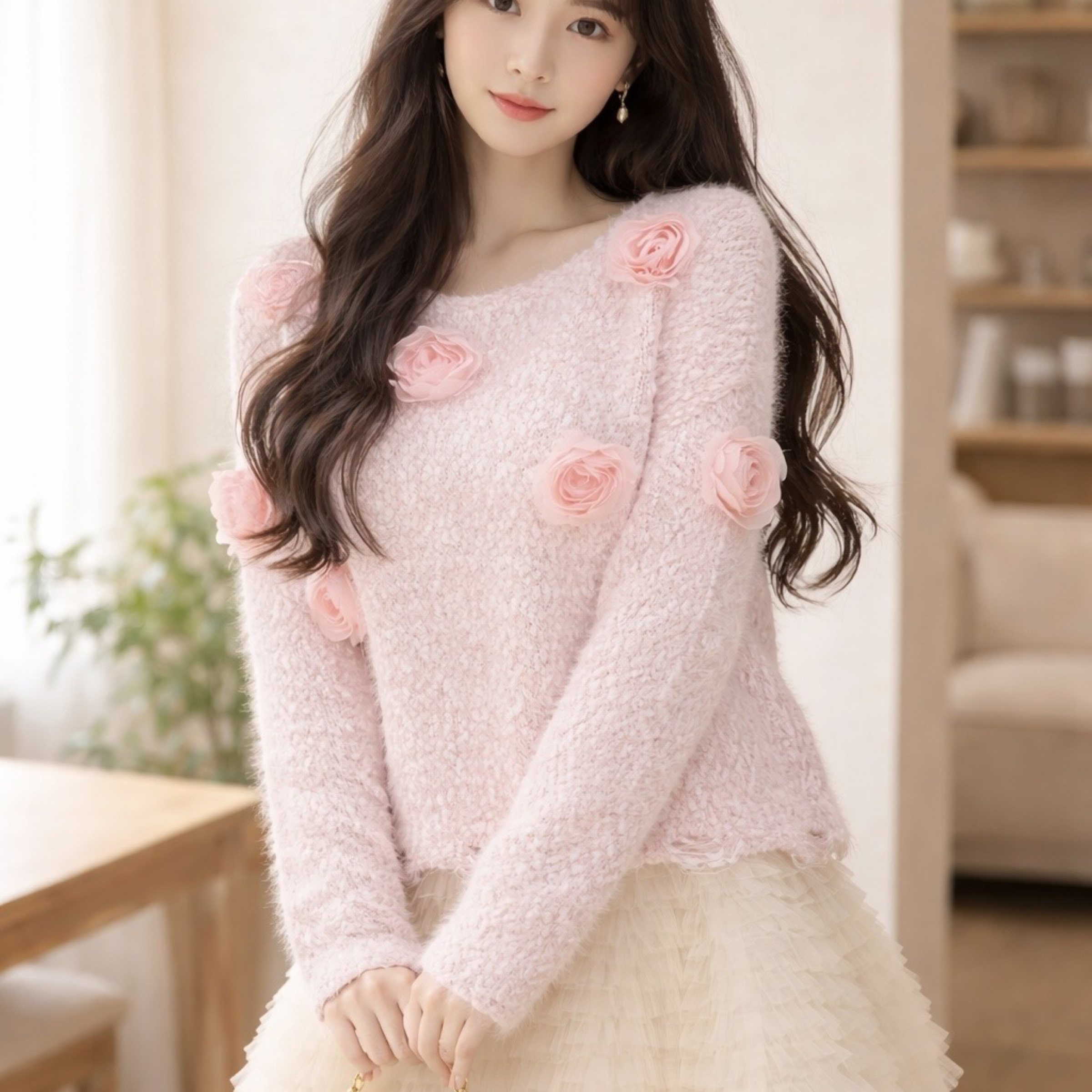 韓系溫柔風 寬鬆圓領立體紗玫瑰毛絨感上衣 白、粉、藍、紫