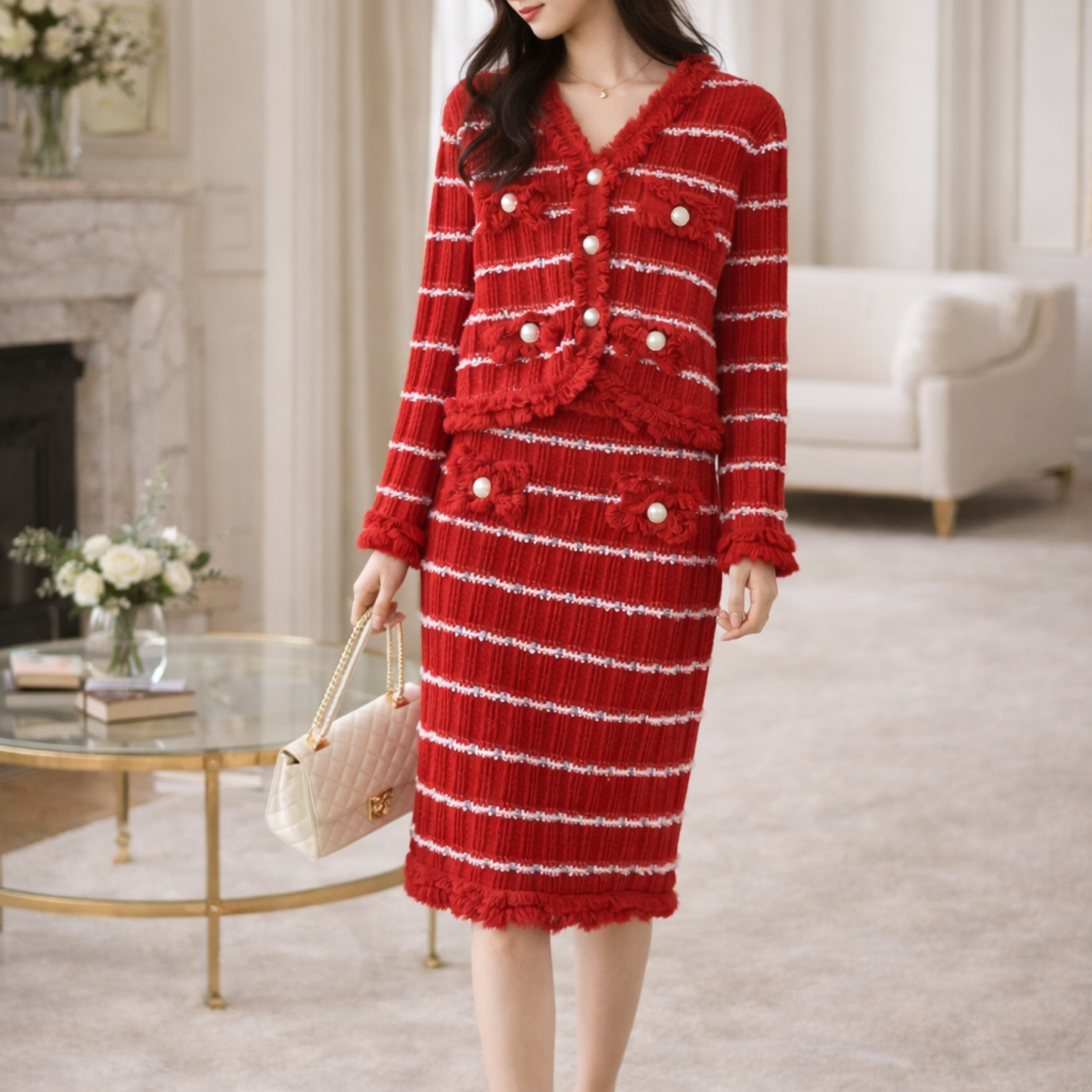 韓系小香風 粗毛呢V領條紋珍珠開衫上衣 高腰包臀針織半裙（兩件套）