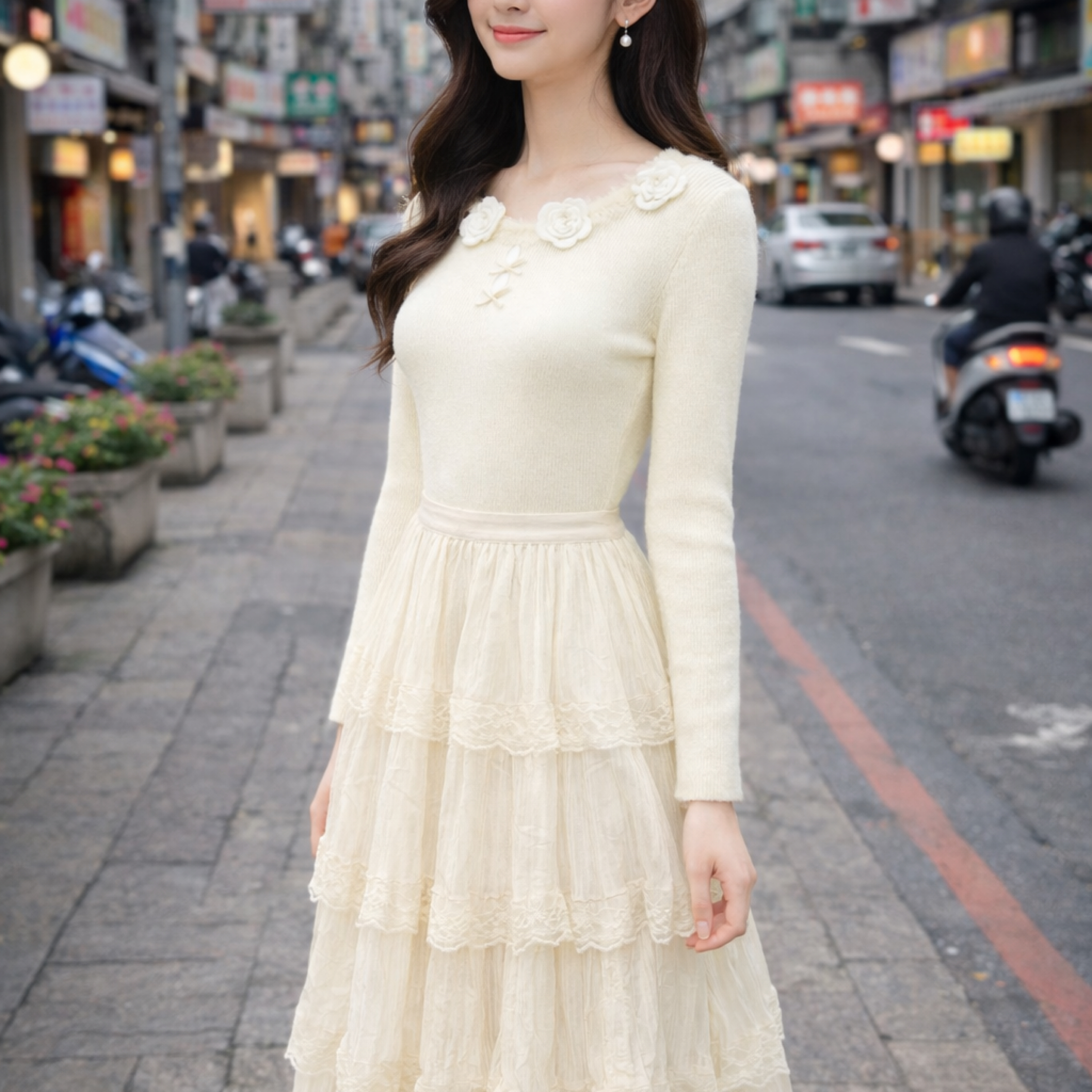 韓系溫柔風 立體花朵微鏤空針織上衣 杏、粉、藍