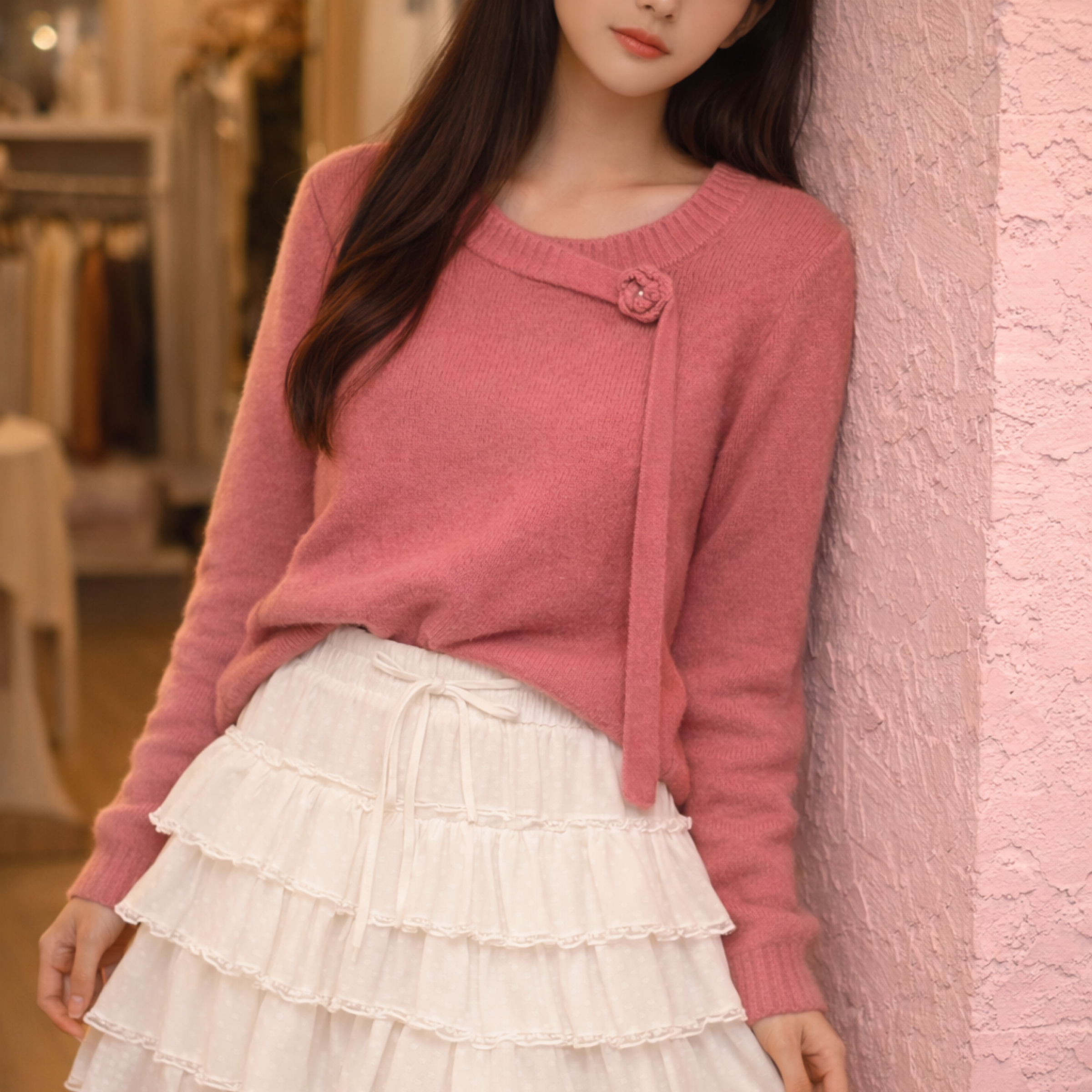 韓系溫柔風 設計感鏤空立體花飄帶仿貂毛針織上衣 白、粉、綠、紫、玫紅