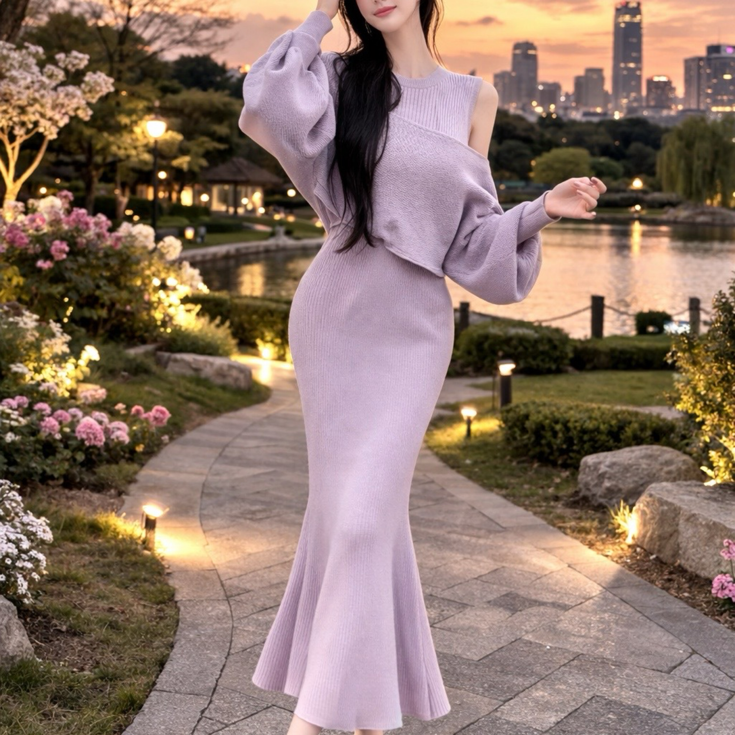 日式溫柔風 清楚系溫柔針織魚尾長裙套裝