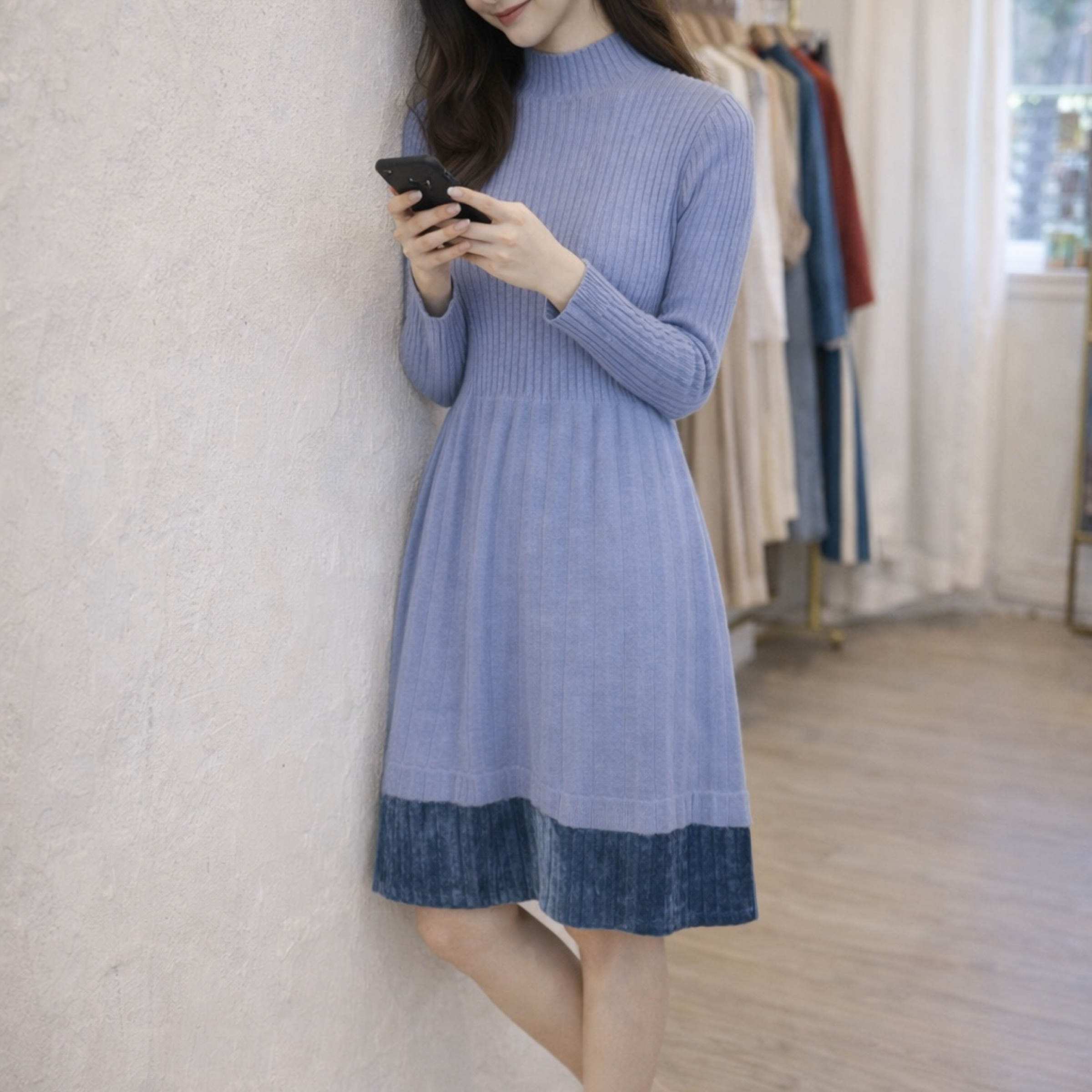 韓系溫柔風 寶藍色微高領豎條紋針織收腰長裙