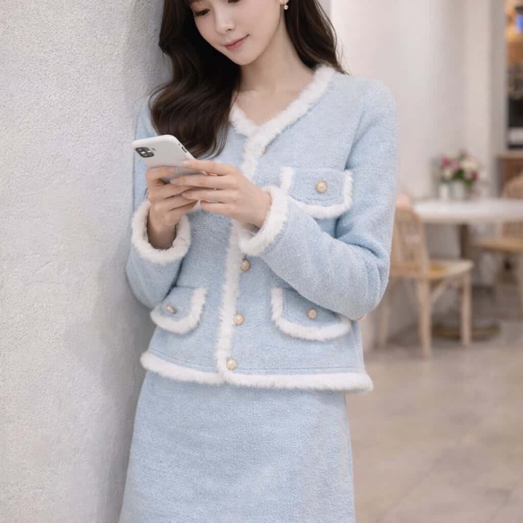 法式小香風 毛邊金屬扣短外套 直筒微A字短裙套裝