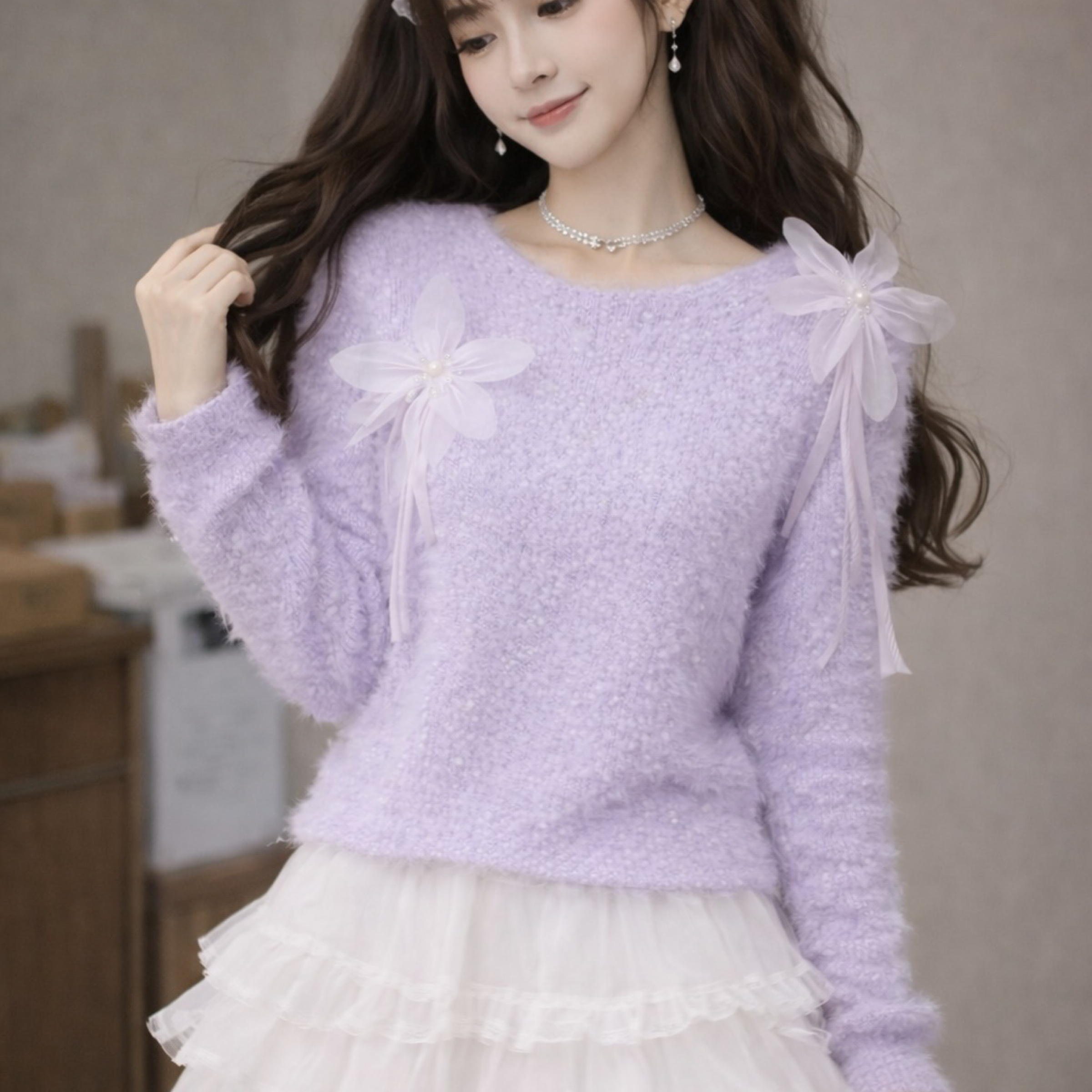 韓系甜美風 輕V領落肩立體紗花絲帶釘珠上衣 白、粉、藍、紫