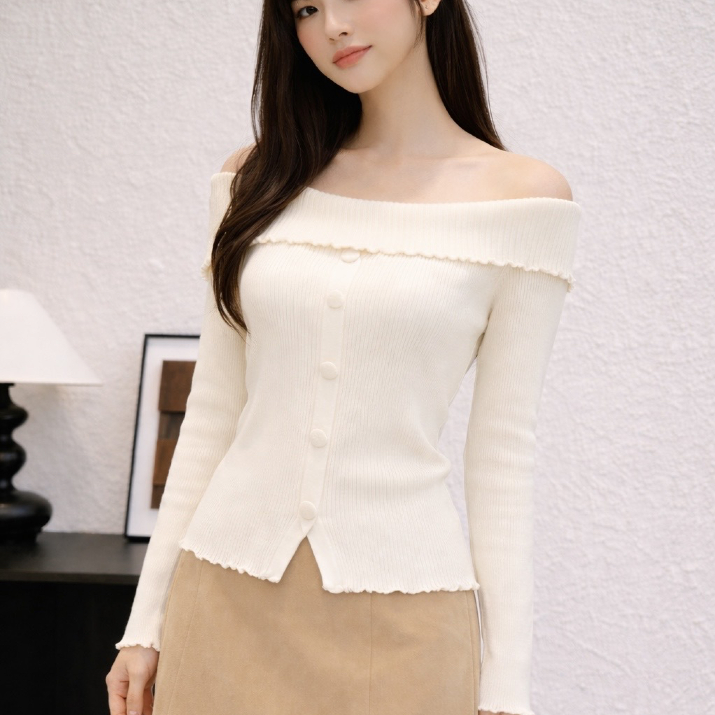 韓系溫柔風 一字肩木耳邊針織開衫上衣 杏、燕、黑