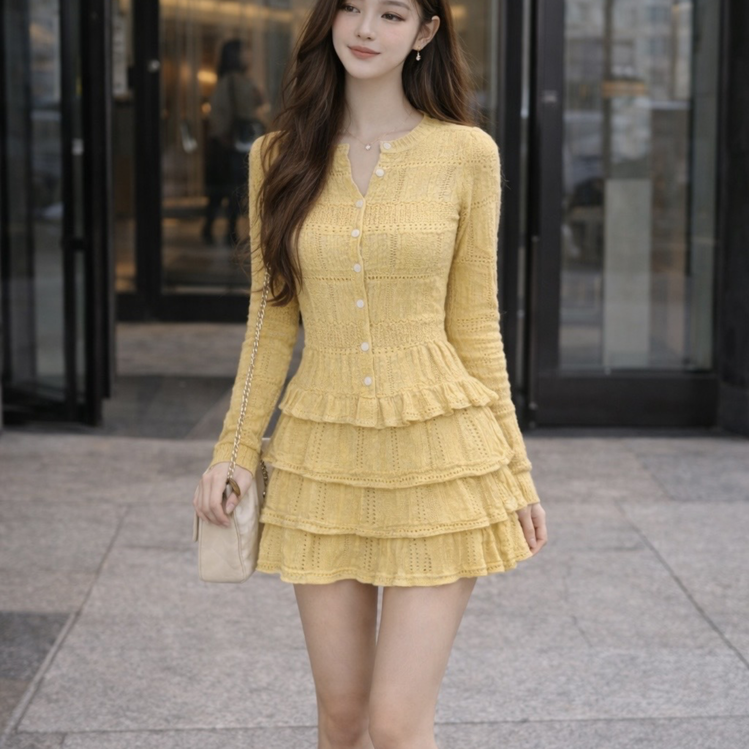 韓系甜辣風  鏤空針織上衣  修身荷葉蛋糕裙（兩件套） 黃、 白
