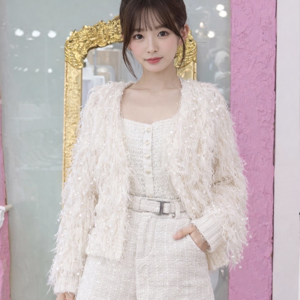 韓系名媛風 輕奢重工羽毛流蘇鏤空針織毛絨開衫