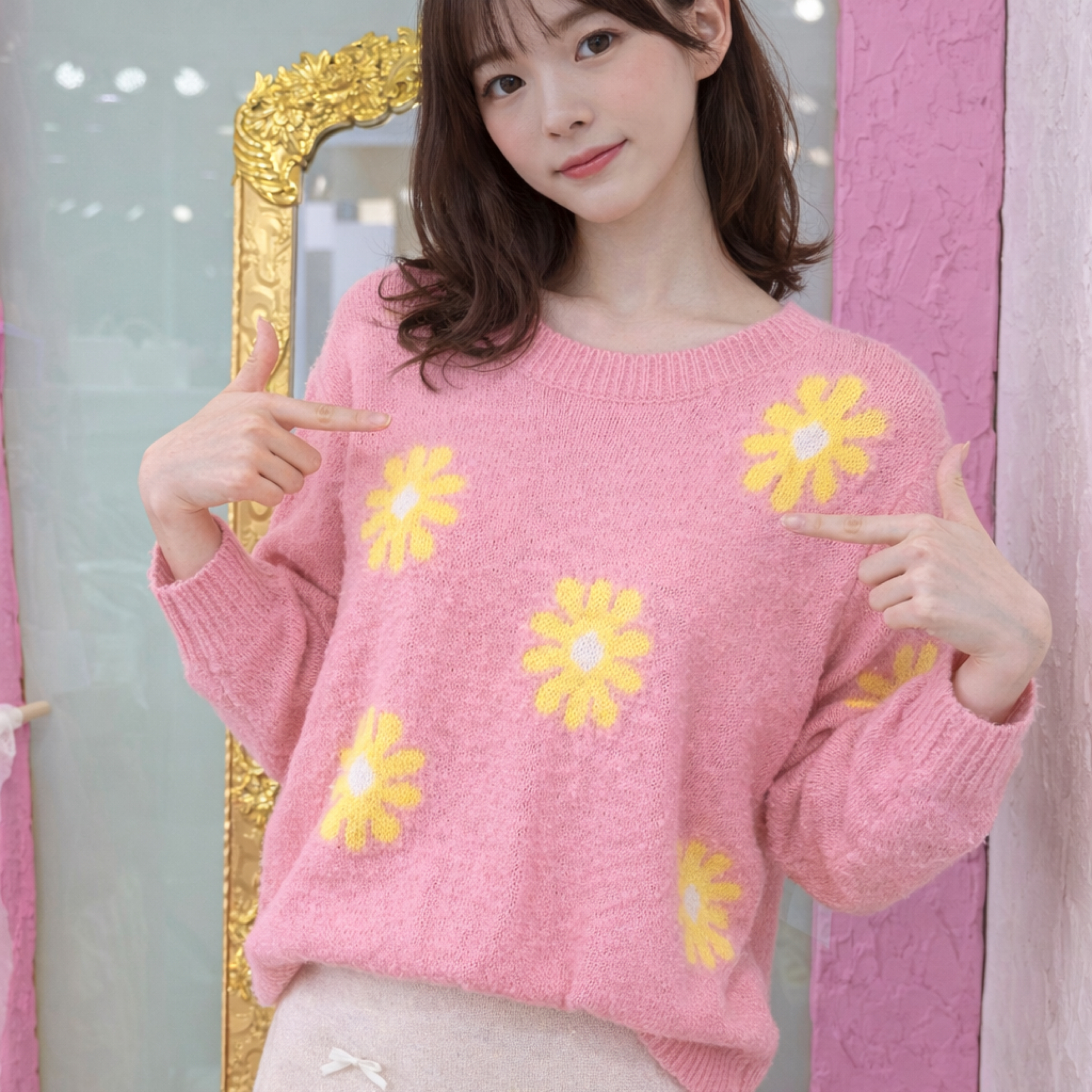 韓系溫柔風 圓領甜美雛菊針織毛衣