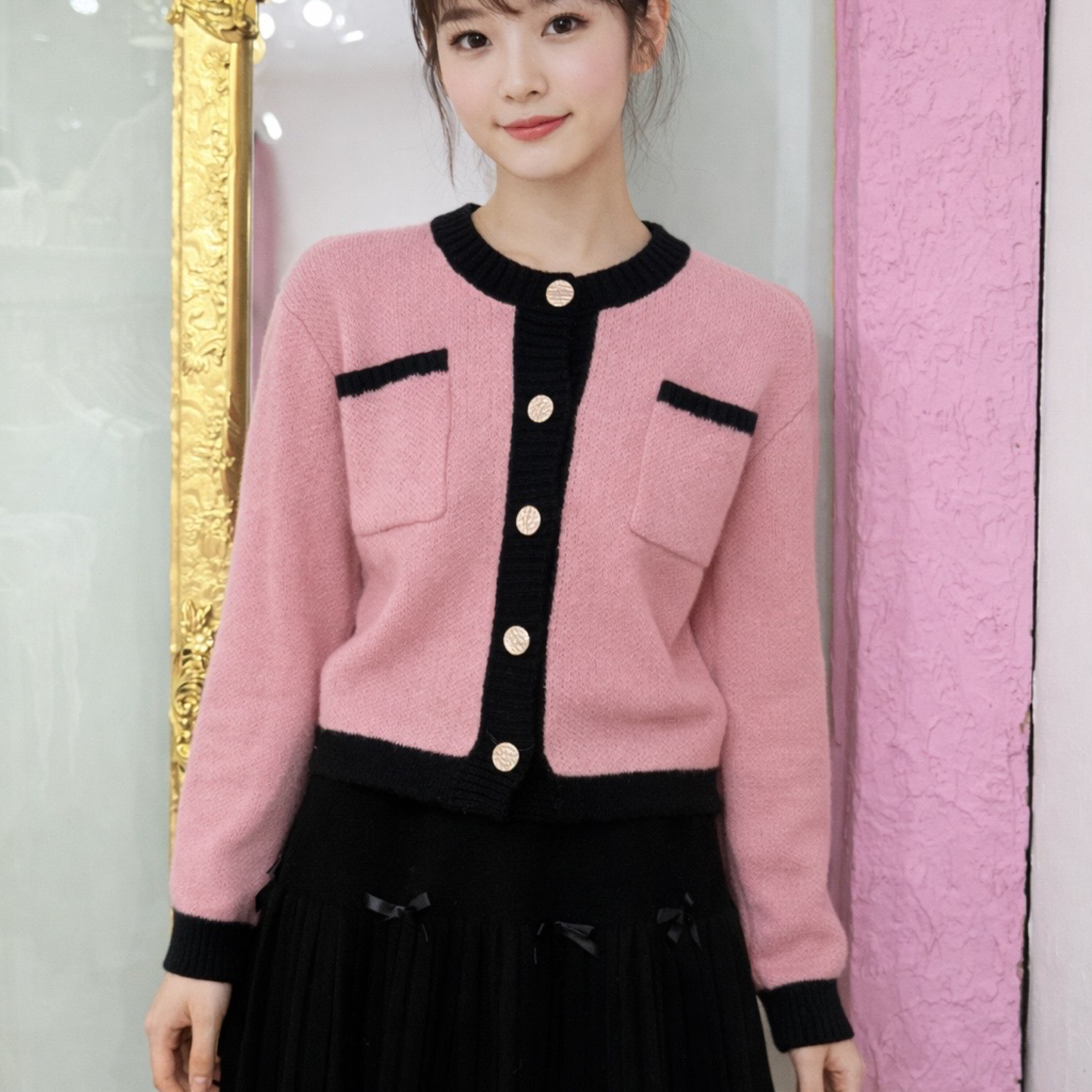 韓系小香風 金屬扣針織短款上衣 粉、黑