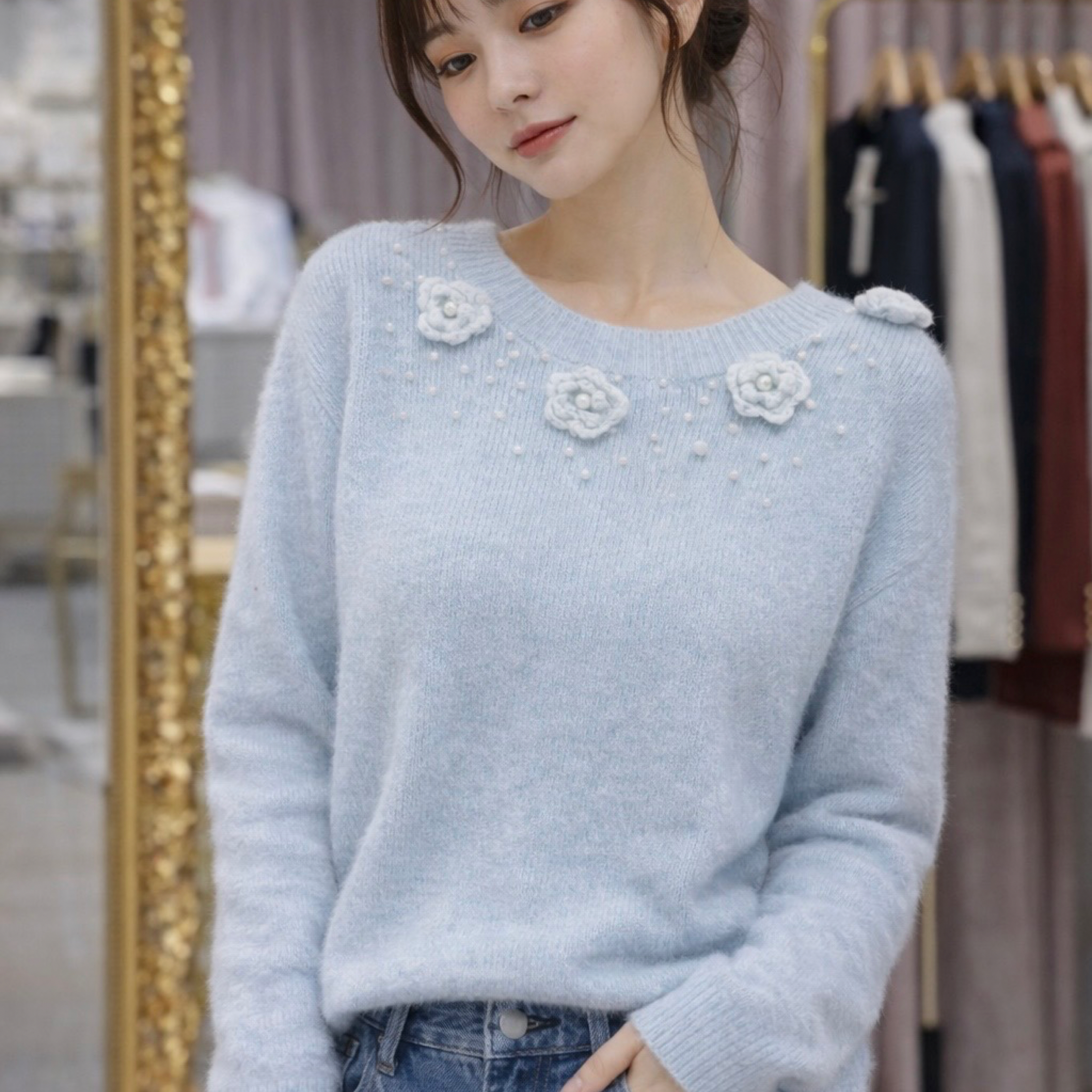韓系溫柔風 圓領珍珠立體花朵仿貂毛針織上衣 白、紫、粉、藍、玫紅