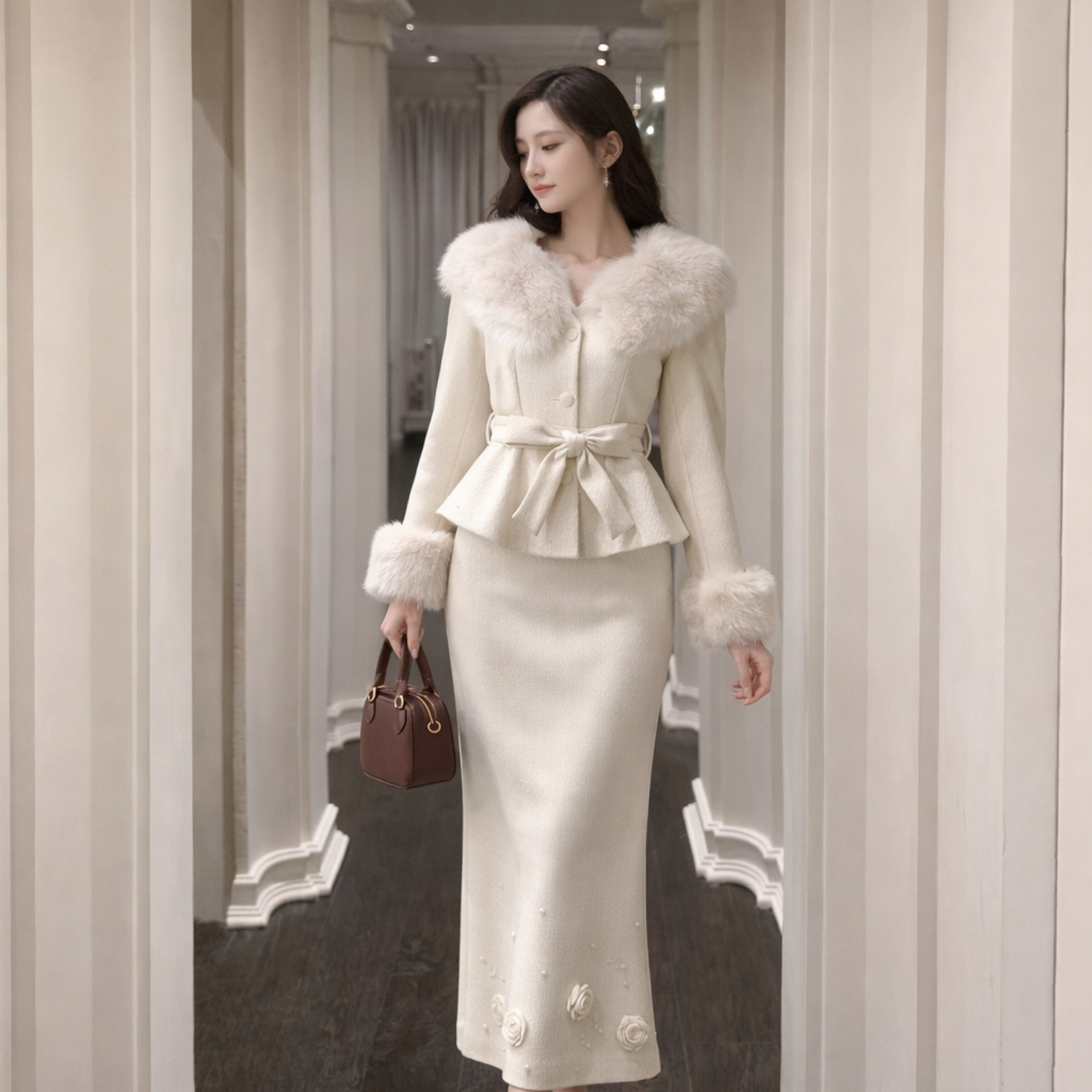 韓系千金風 毛絨袖口收腰白色羽絨外套 立體花朵珍珠長裙（兩件套）