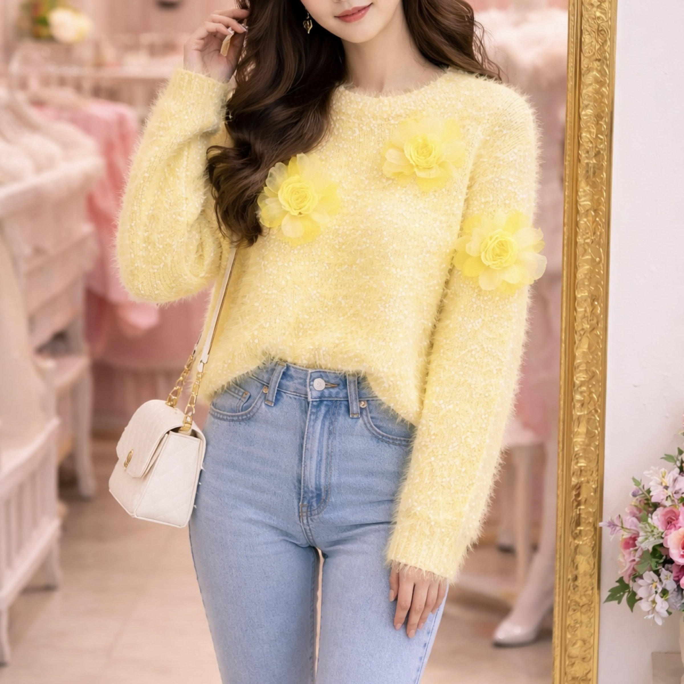 韓系甜美風 圓領寬鬆落肩立體紗花毛衣 白、粉、藍、黃