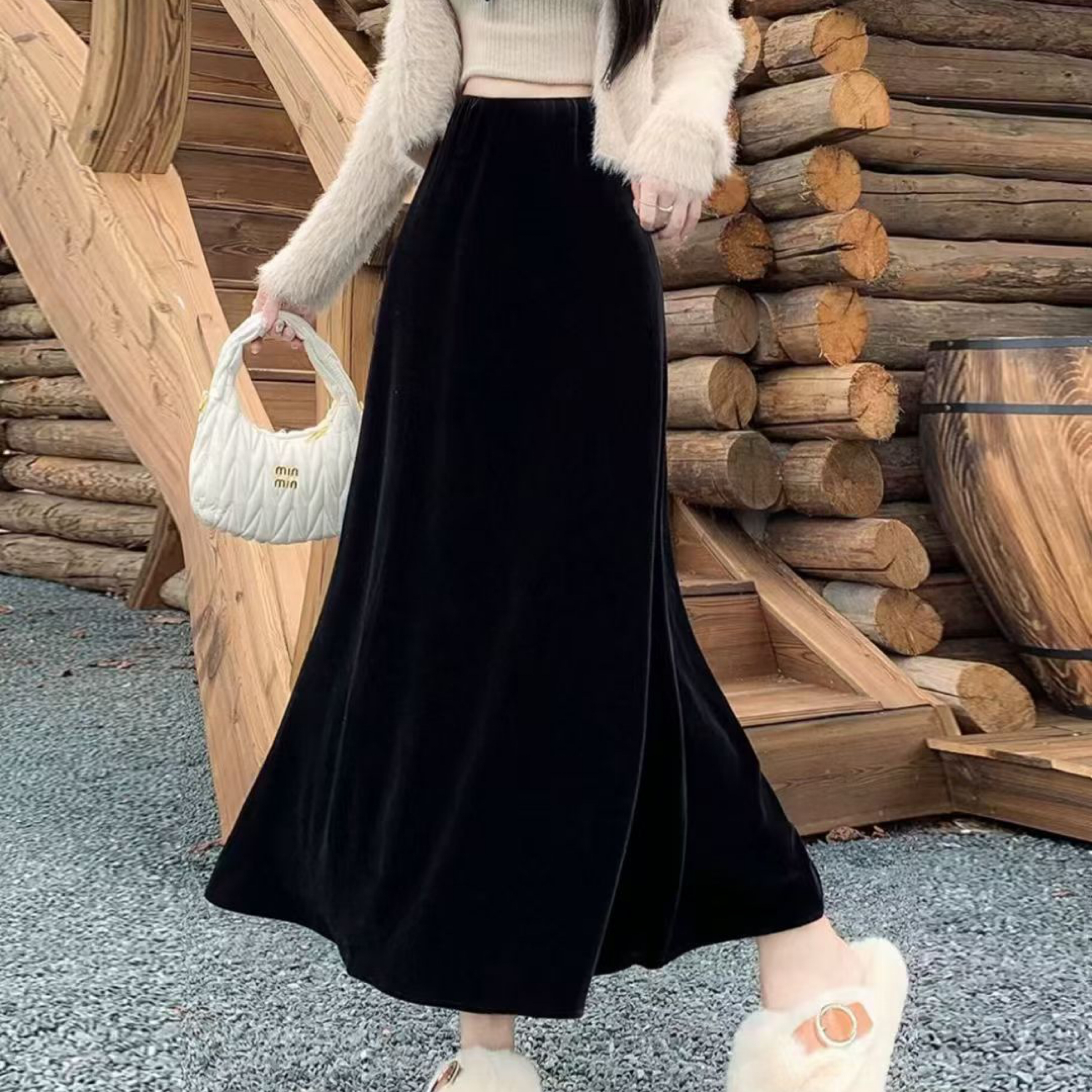 韓系名媛風 啞光絲絨高腰修身魚尾裙 