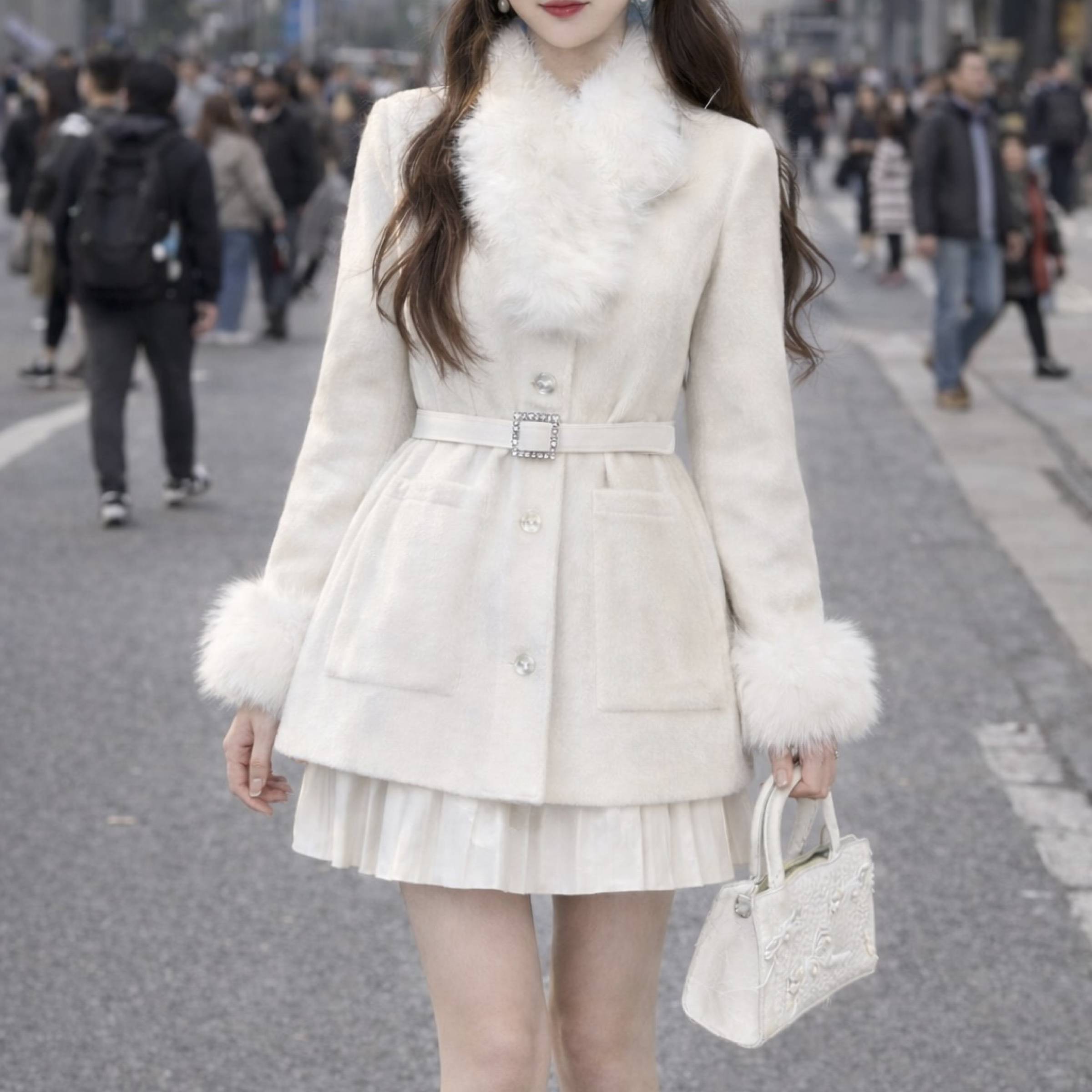 韓系千金風 毛絨袖口收腰白色羽絨外套 高腰質感百褶裙（兩件套）