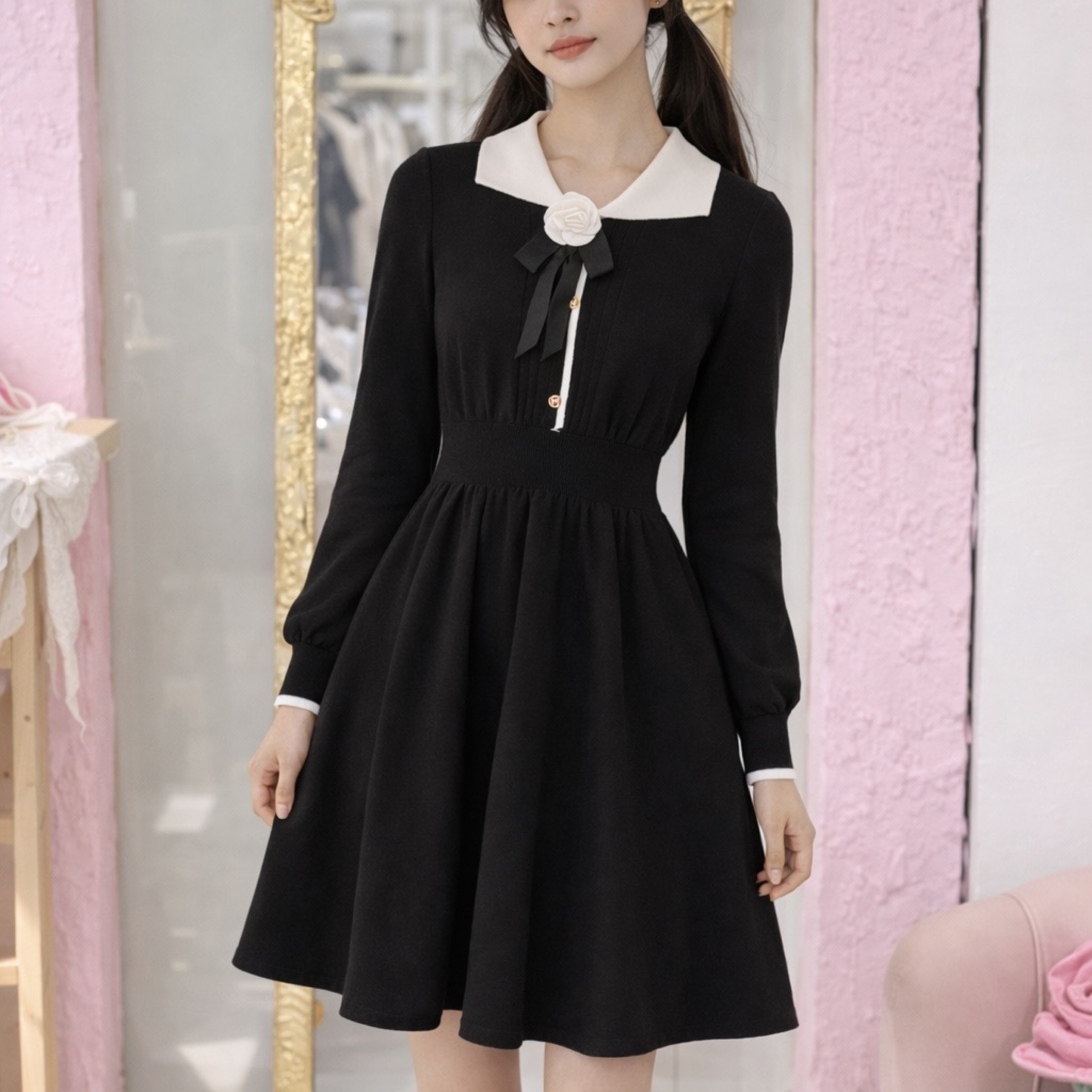 法式復古風 娃娃領玫瑰領結收腰針織連衣裙