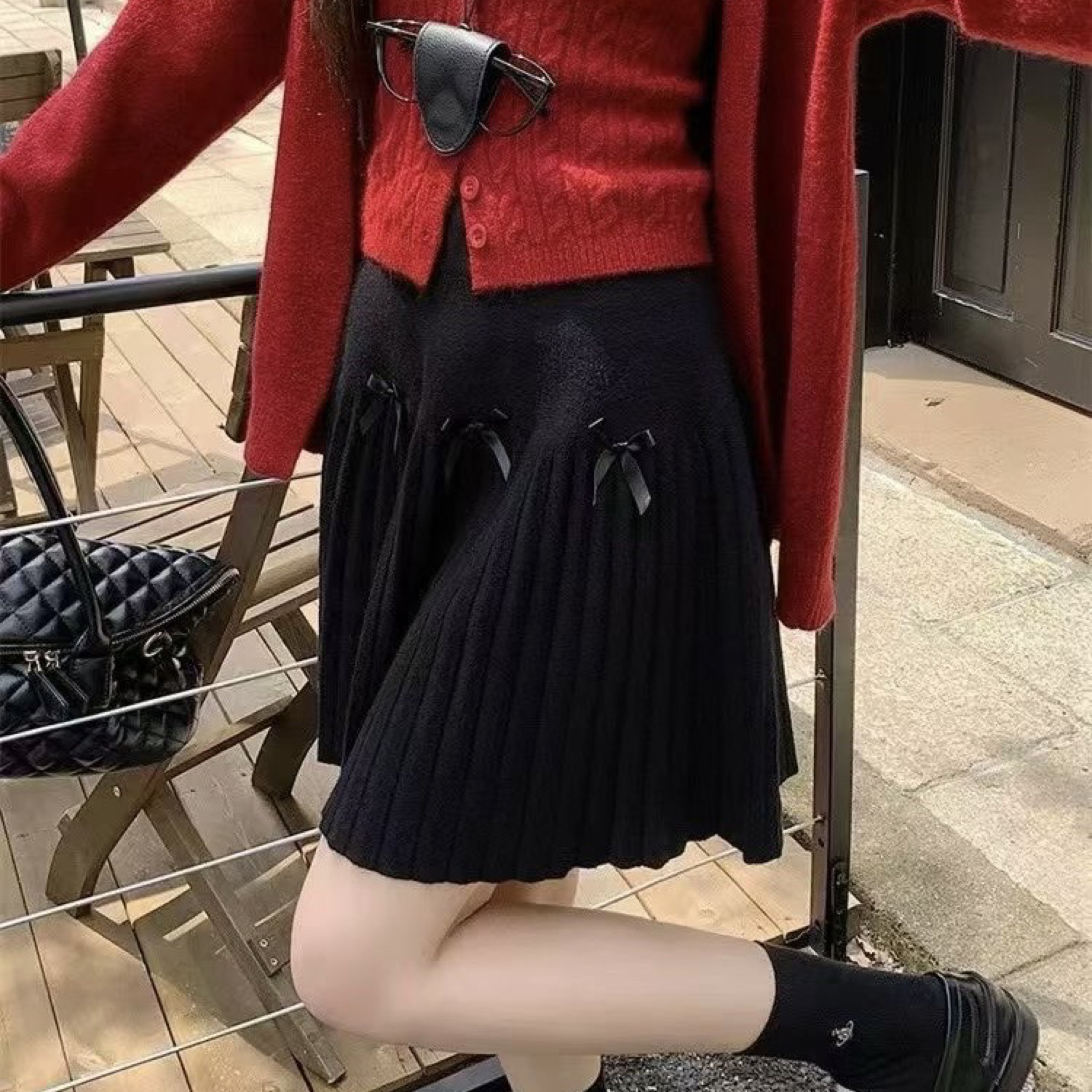 韓系甜美風 設計感蝴蝶結針織百褶短裙 杏、燕麥、灰、黑