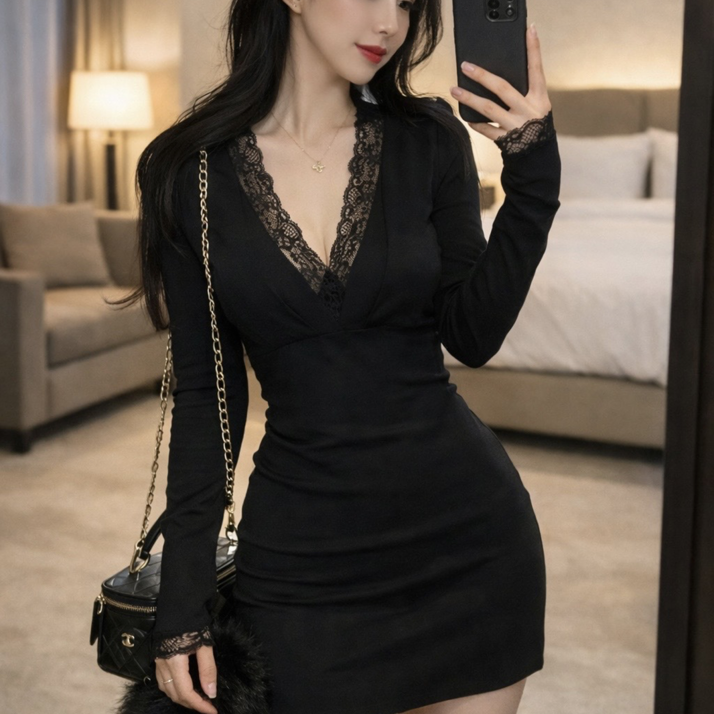 韓系純慾風 深V領性感蕾絲修身包臀裙