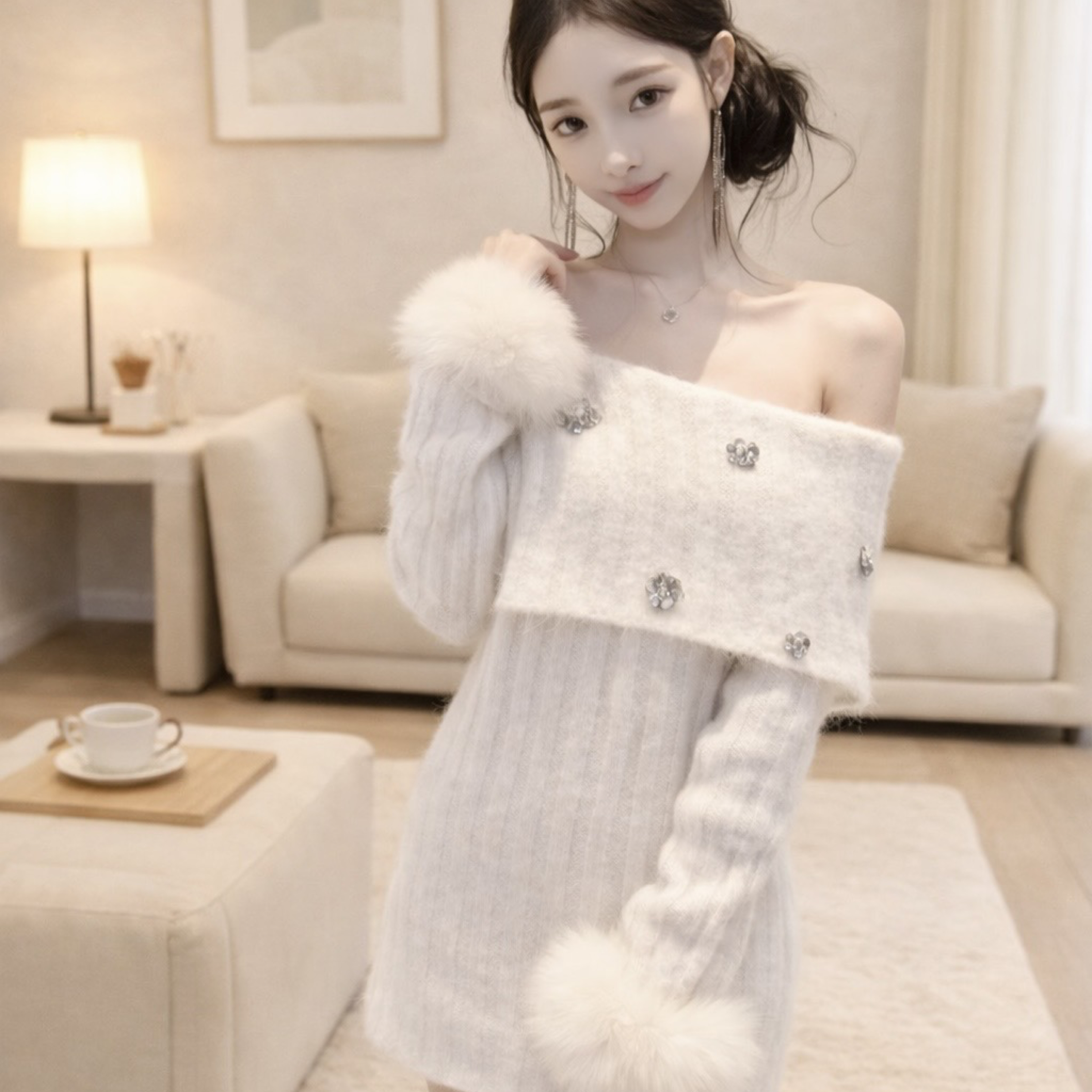 法系千金風 一字肩金屬扣毛絨袖豎條紋立體花上衣