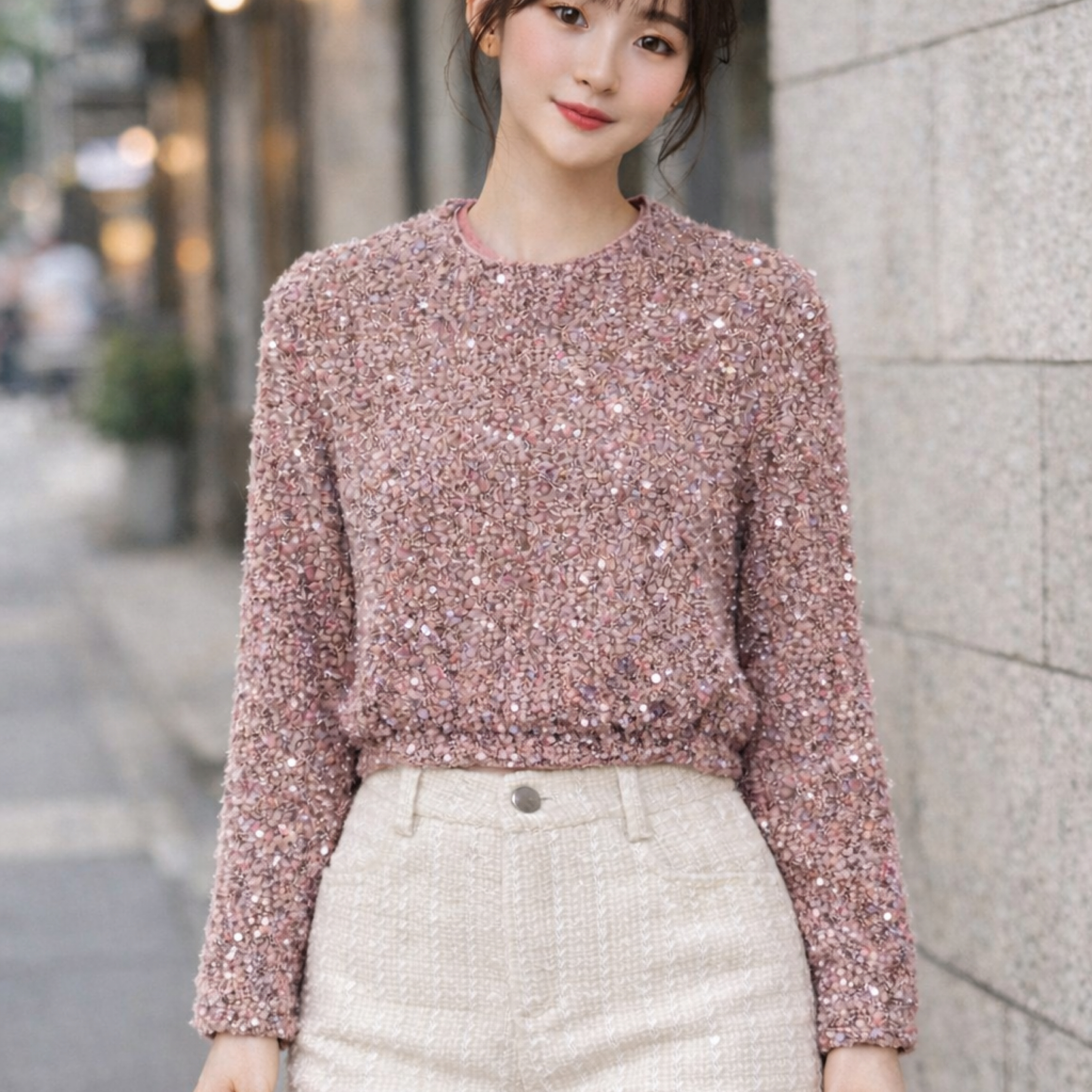 韓系名媛風 輕奢重工雜色亮片落肩圓領毛上衣