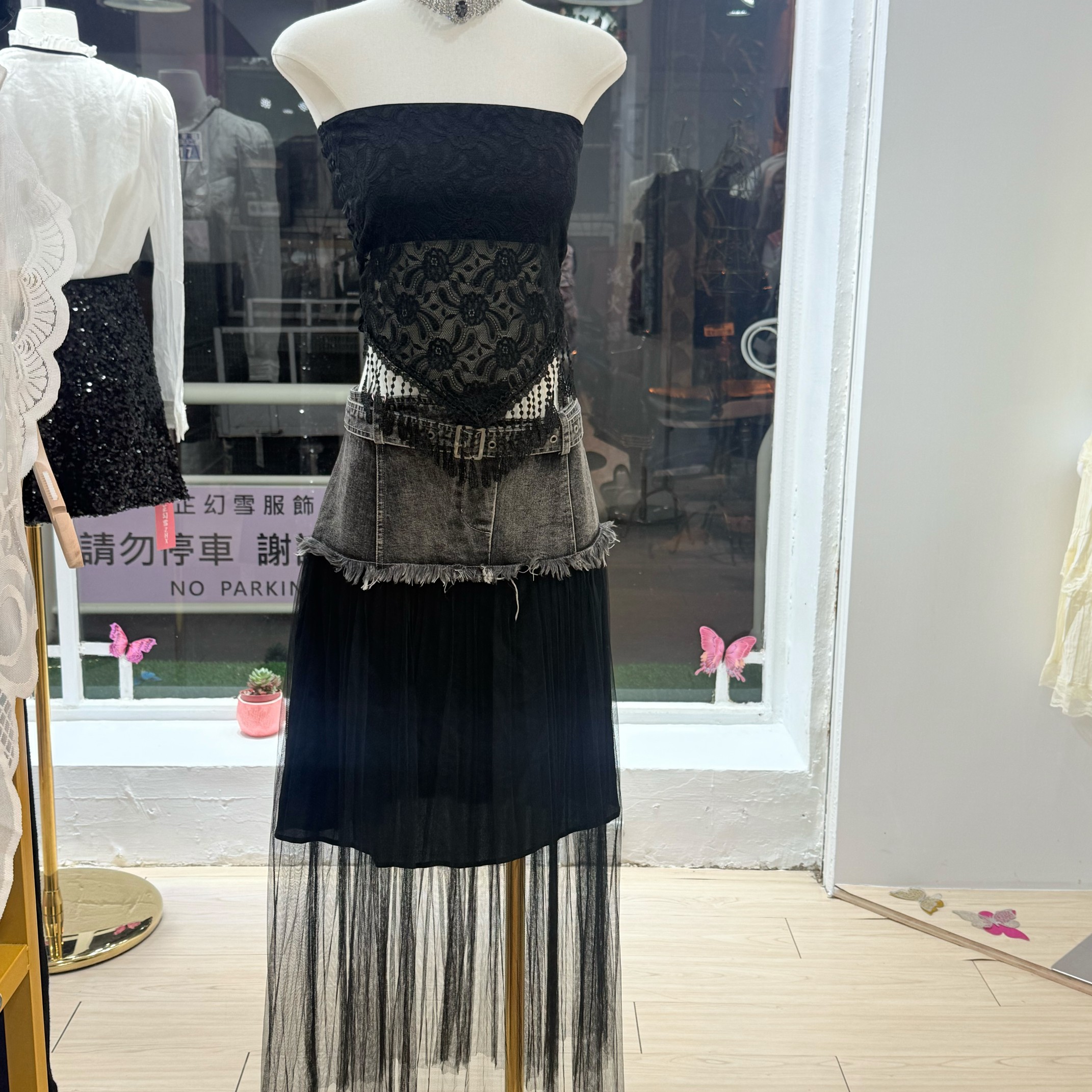 黑色蕾絲系列 自搭款 抹胸流蘇牛仔拼接裙
