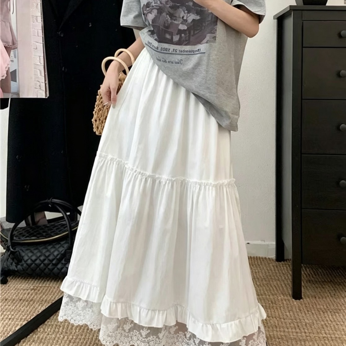 韓系溫柔風 拼接蕾絲蛋糕長裙